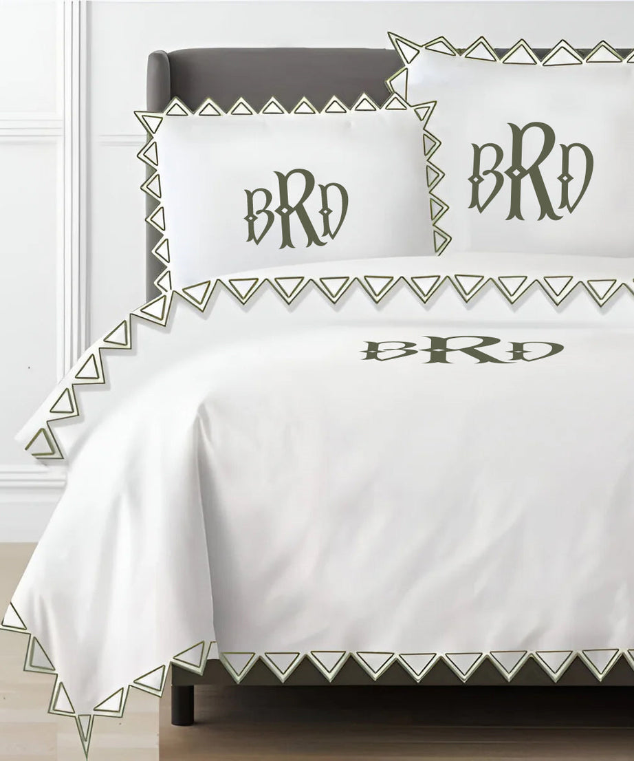 Monogram Ashley 400TC Cotton Traingle Embroidery Sateen Solid Duvet Cover Set