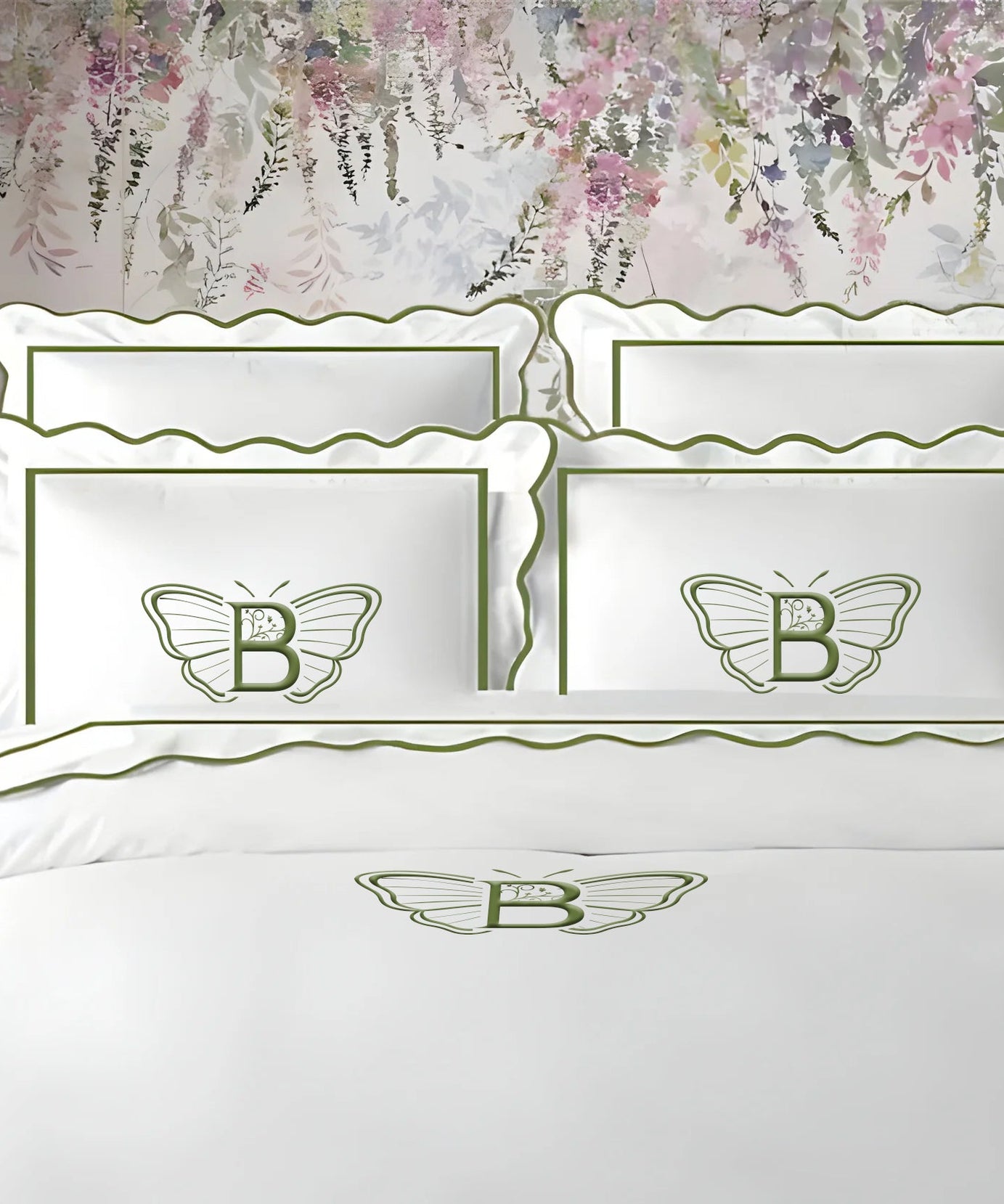 Monogram 400TC Cotton Scallop Embroidery & Border Sateen Solid Duvet Cover Set