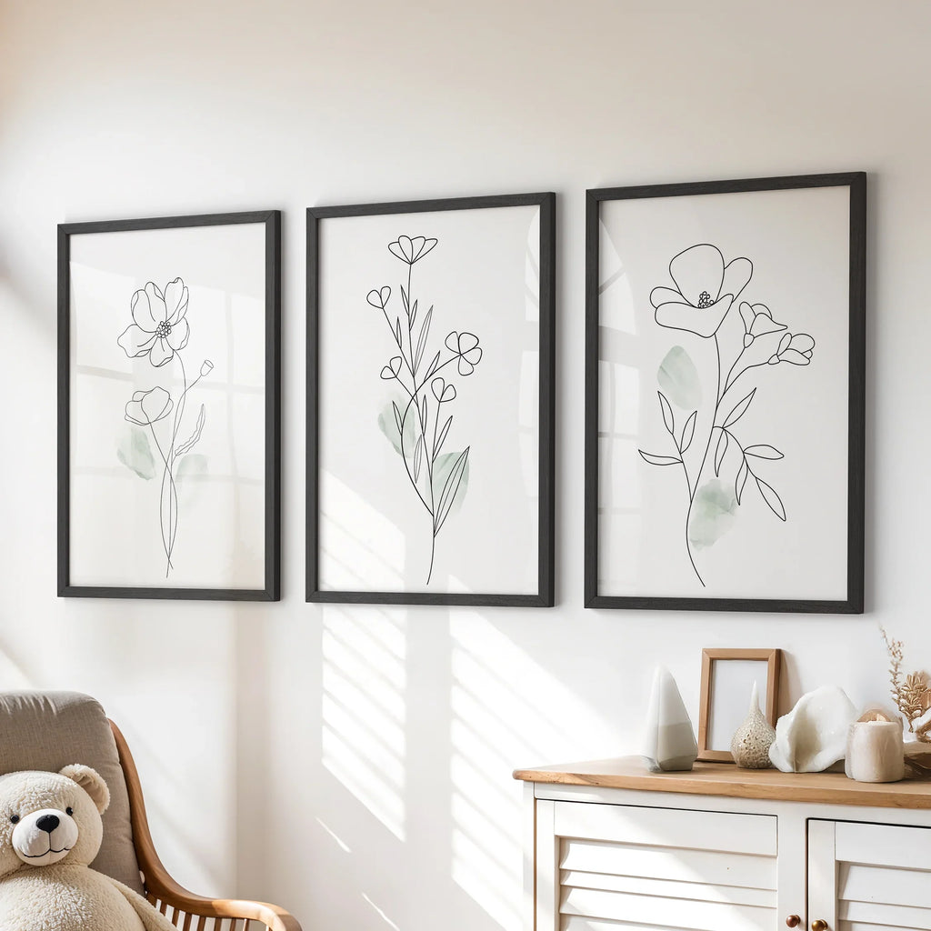 Modern Botanical Line Art Decor. 3 Piece Floral Print Set