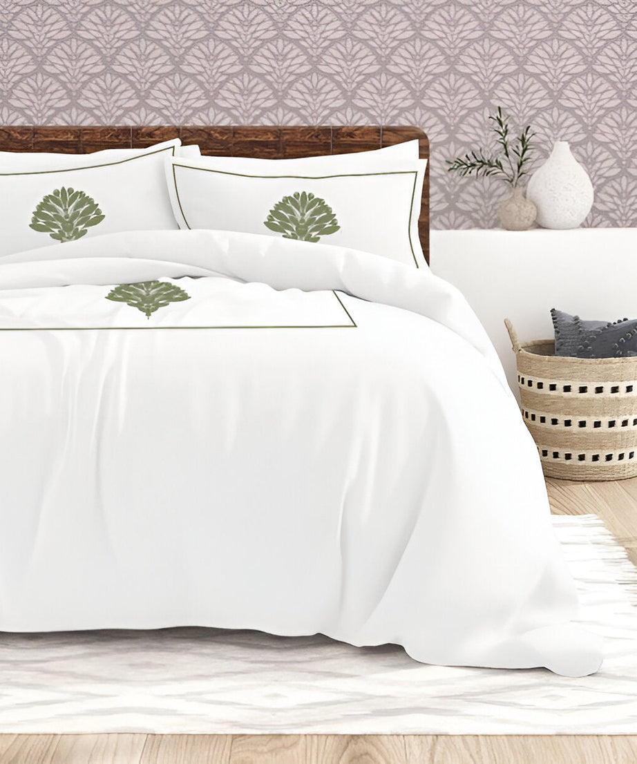 Leafy Embroidered Cotton Sateen Duvet Cover Set
