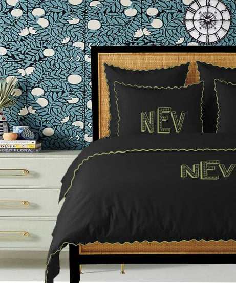 Monogram Black 400TC Cotton Small Scallop Embroidery Duvet Cover Set