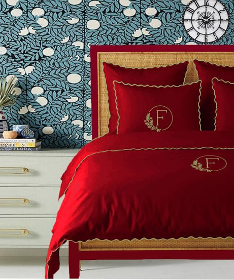 Monogram Burgundy 400TC Cotton Small Scallop Embroidery Duvet Cover Set