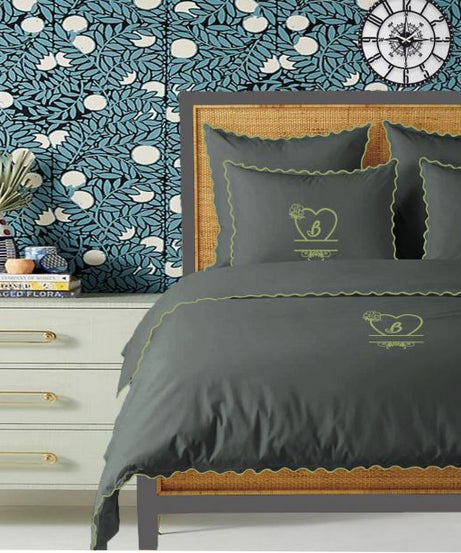 Monogram Dark Grey 400TC Cotton Small Scallop Embroidery Duvet Cover Set