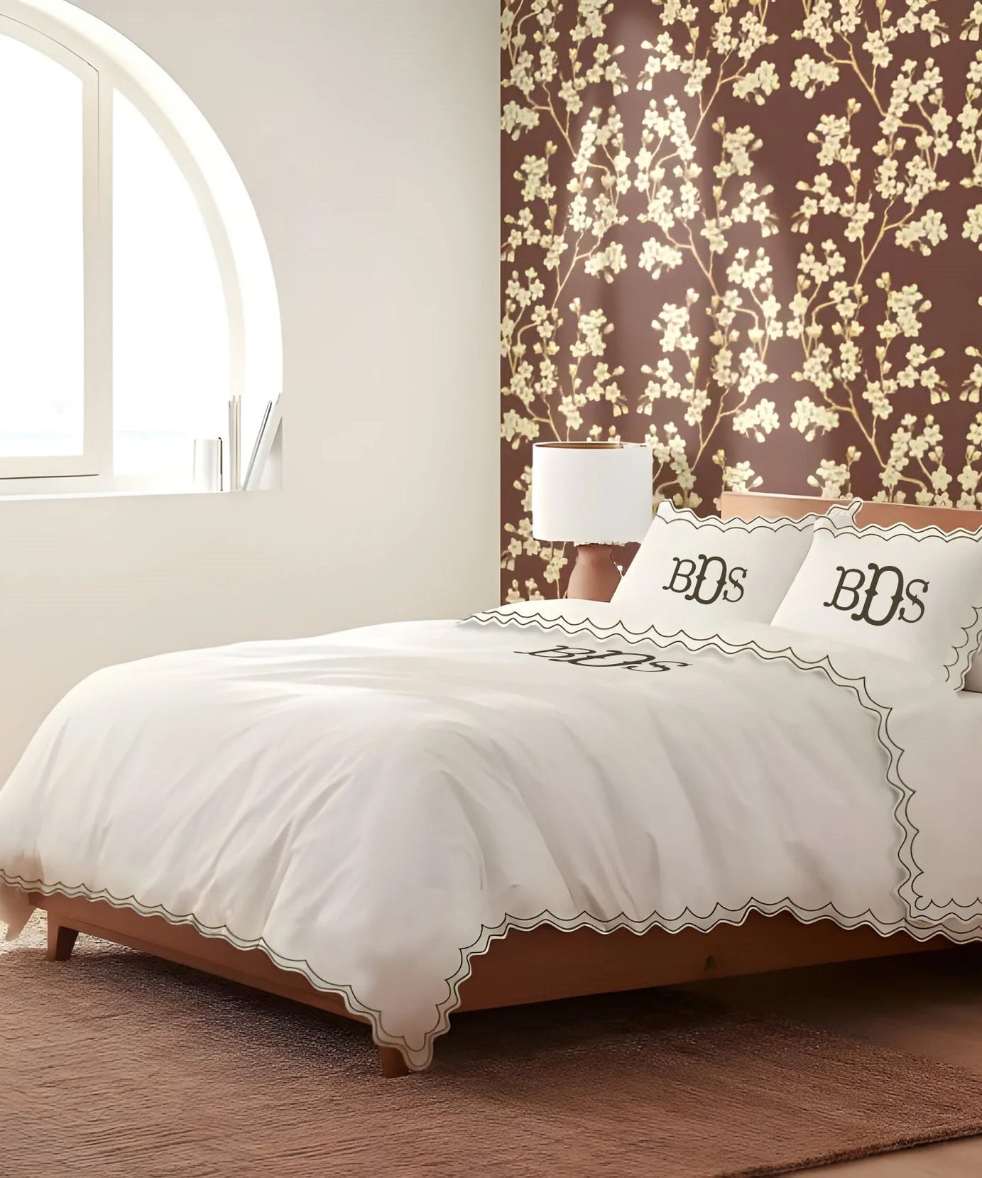 Monogram 400TC Cotton Sateen Double Scallop Embroidery Duvet Cover Set
