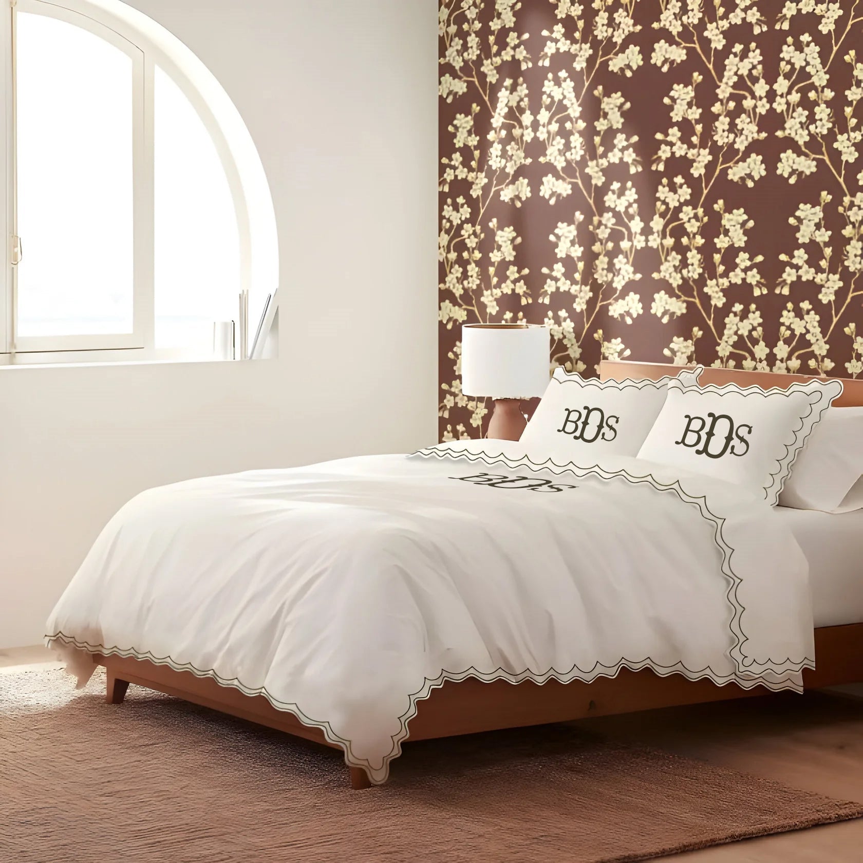 Monogram 400TC Cotton Sateen Double Scallop Embroidery Duvet Cover Set