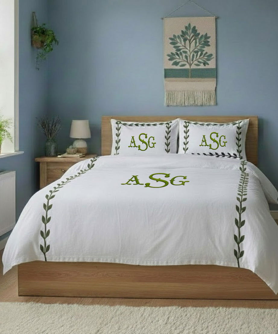Monogram Layered Leaf Applique Cotton Duvet Cover Set