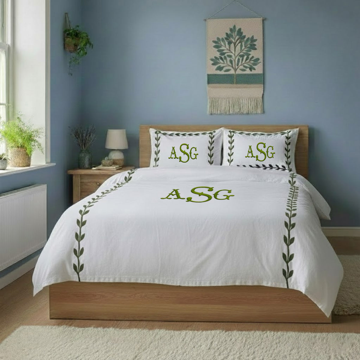 Monogram Layered Leaf Applique Cotton Duvet Cover Set