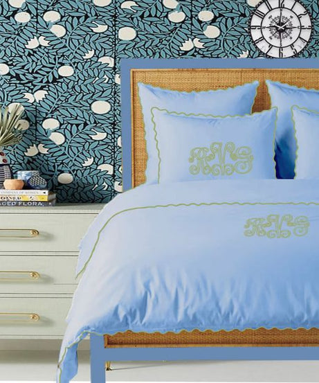 Monogram Light Blue 400TC Cotton Small Scallop Embroidery Duvet Cover Set