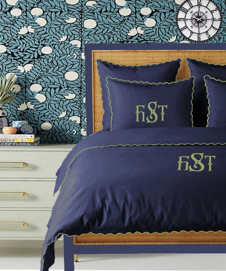 Monogram Navy 400TC Cotton Small Scallop Embroidery Duvet Cover Set