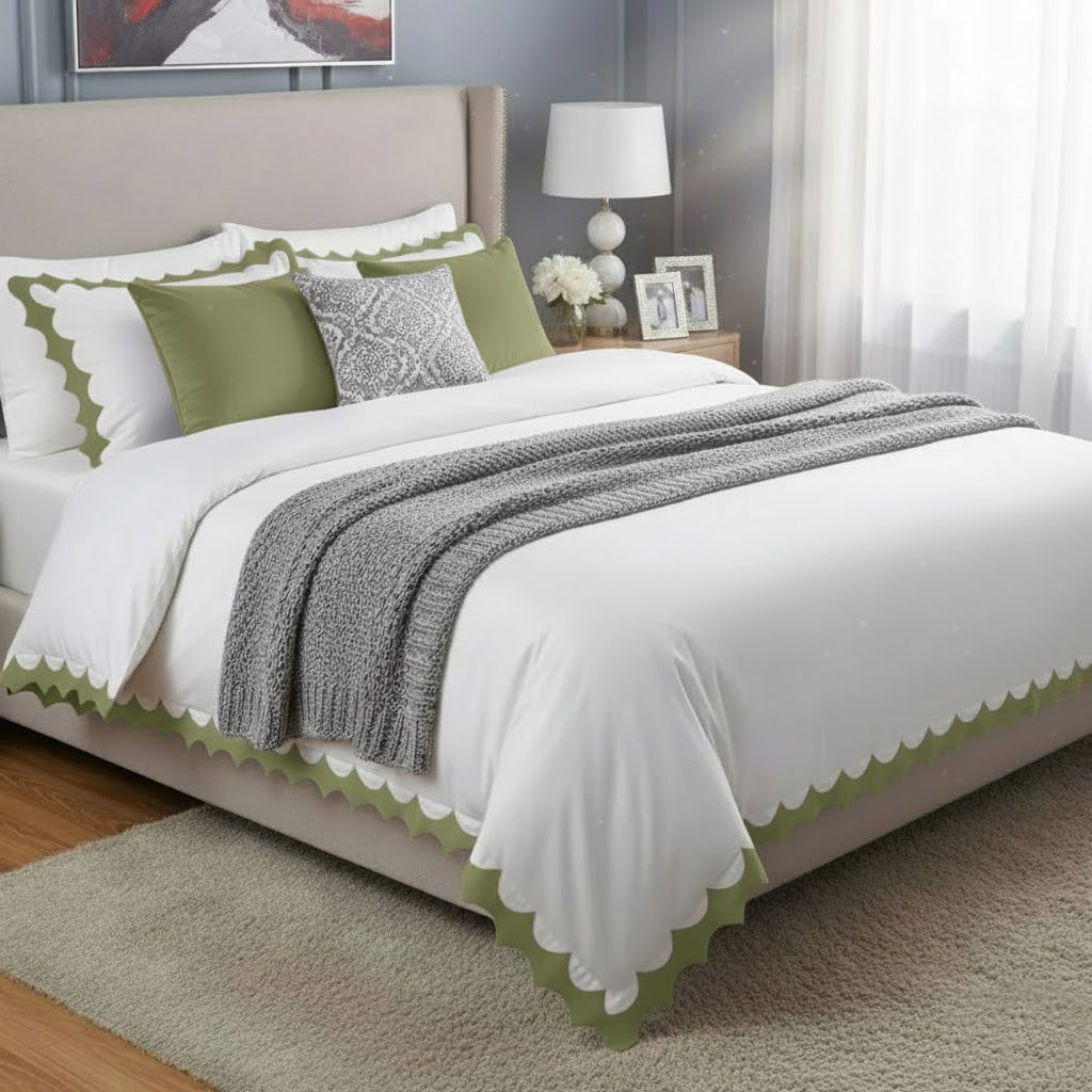 Reverse Scalloped Applique Embroidery Cotton Duvet Cover Set