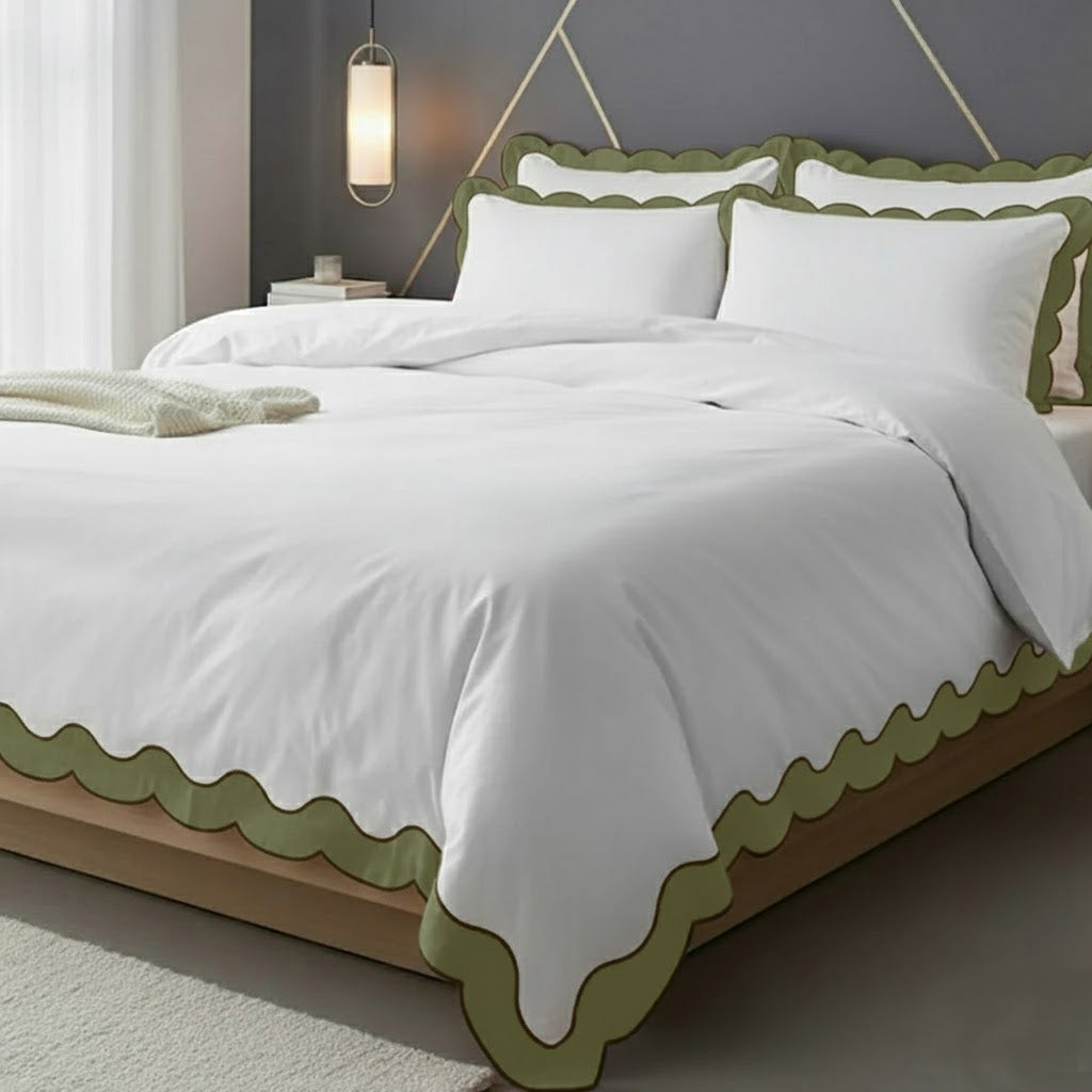 Scalloped & Wavy Applique Embroidery Cotton Duvet Cover Set
