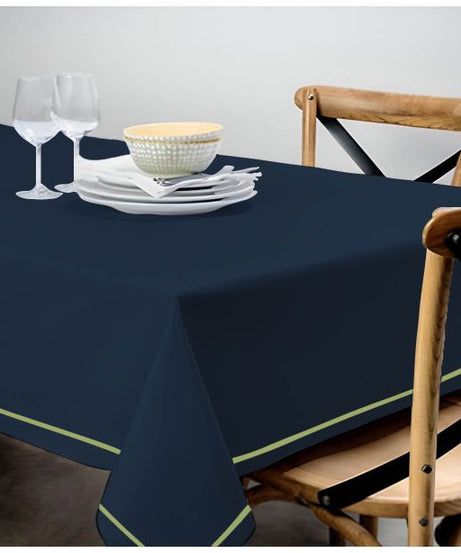 Single Embroidery Border Sateen Cotton Solid Table Cloth - Navy