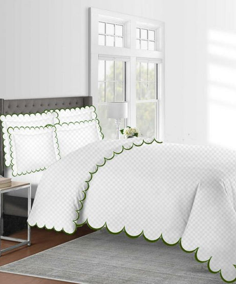 Allena 400TC Cotton Scallop Embroidery Sateen Microcheck Duvet Cover Set
