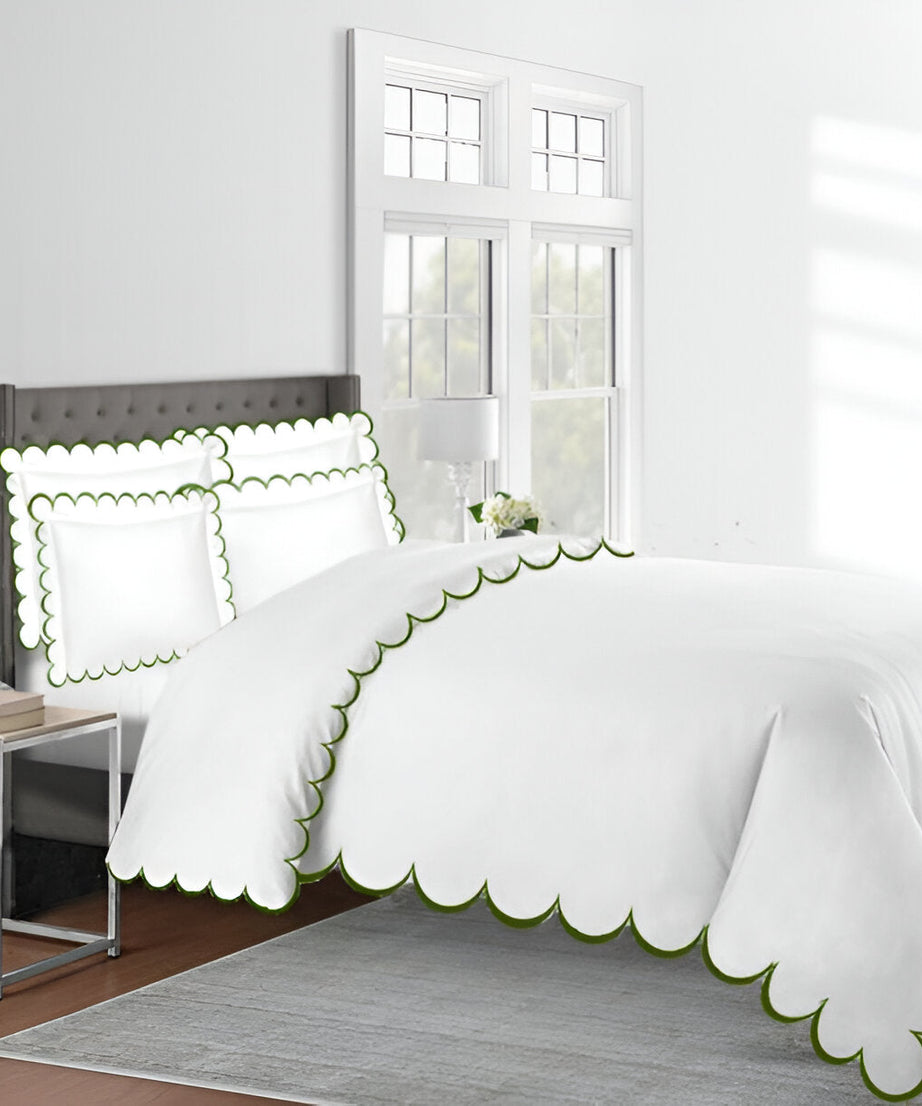 Allena 400TC Cotton Scallop Embroidery Sateen Solid Duvet Cover Set
