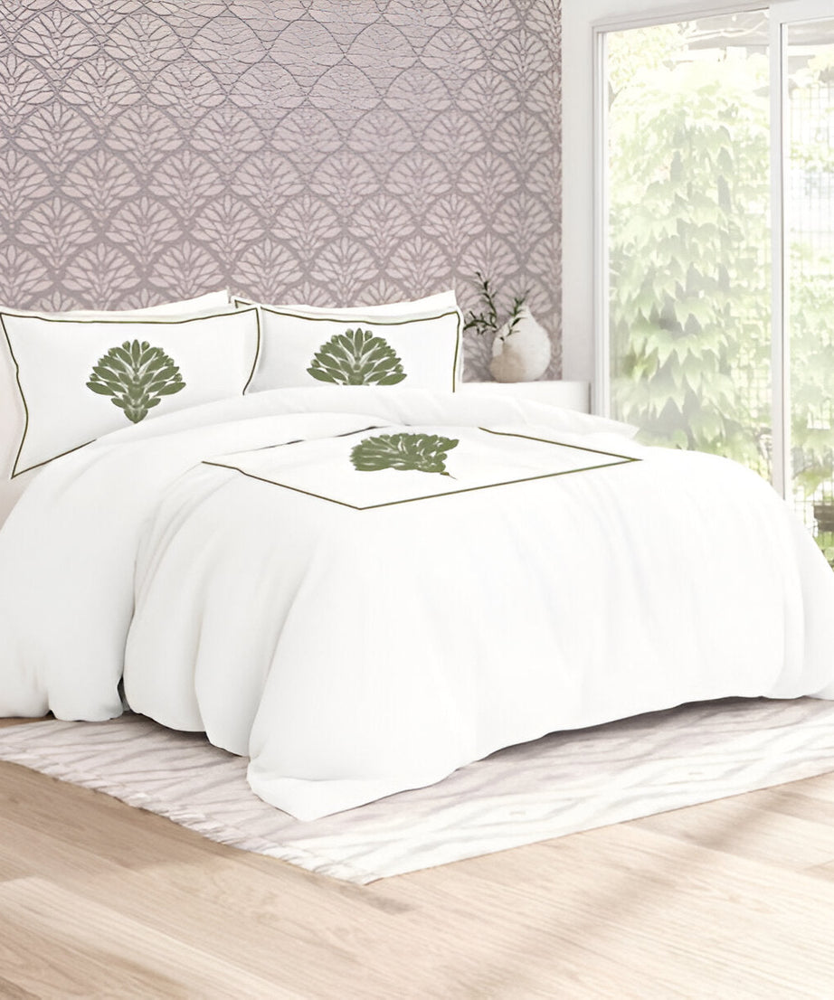 Leafy Embroidered Cotton Sateen Duvet Cover Set
