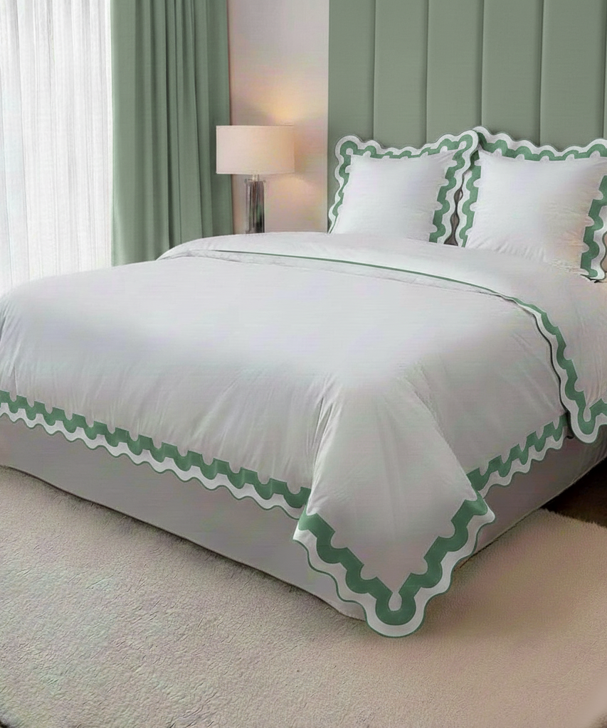 400TC U Shape Applique Scalloped Embroidery Cotton Duvet Cover Set