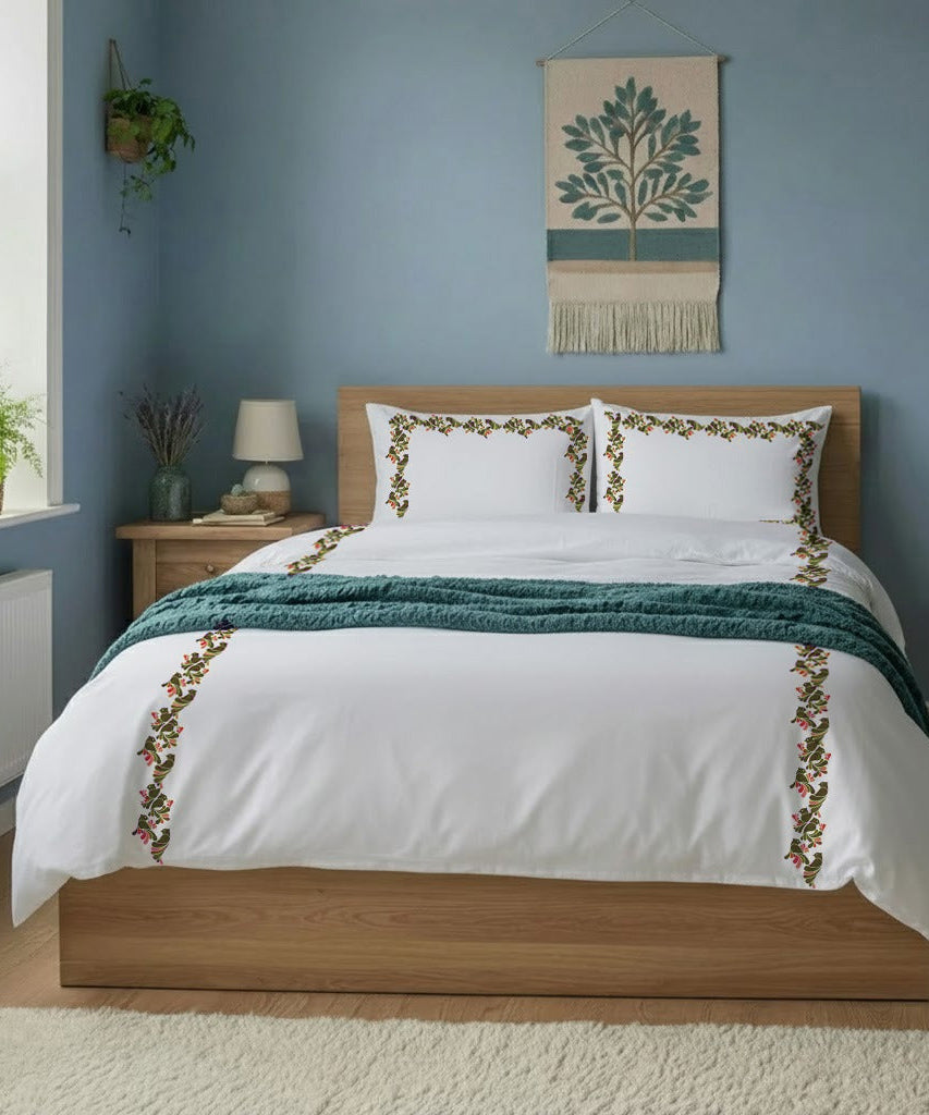 Bird Embroidered Cotton Duvet Cover Set