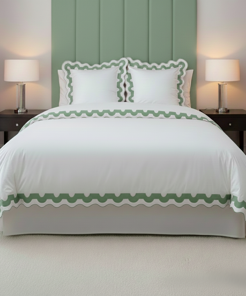 400TC U Shape Applique Scalloped Embroidery Cotton Duvet Cover Set