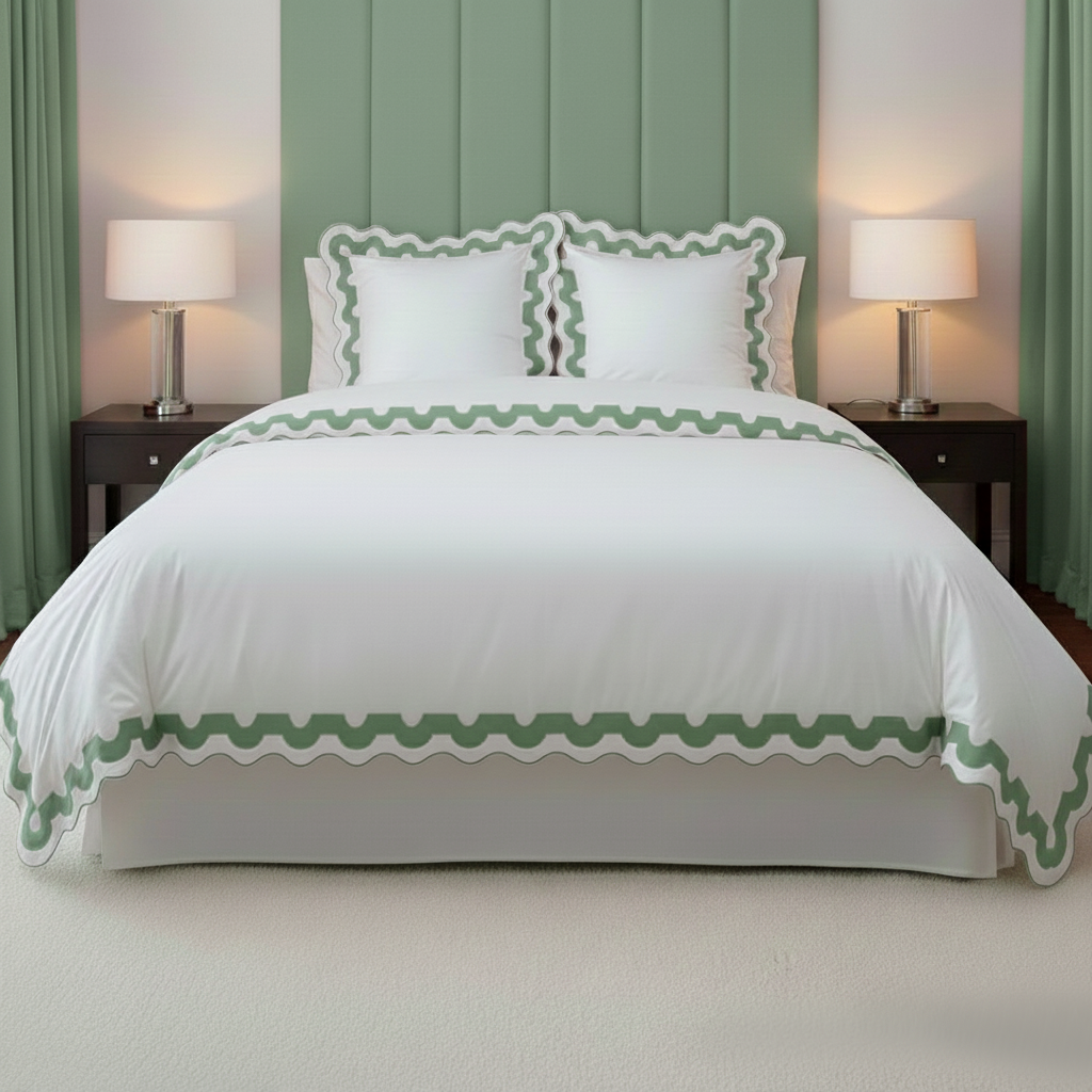 400TC U Shape Applique Scalloped Embroidery Cotton Duvet Cover Set