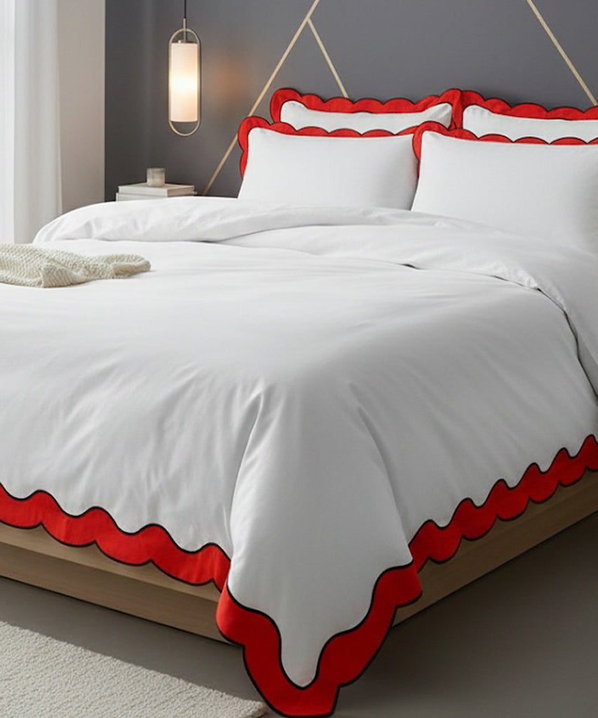 Scalloped & Wavy Applique Embroidery Cotton Duvet Cover Set
