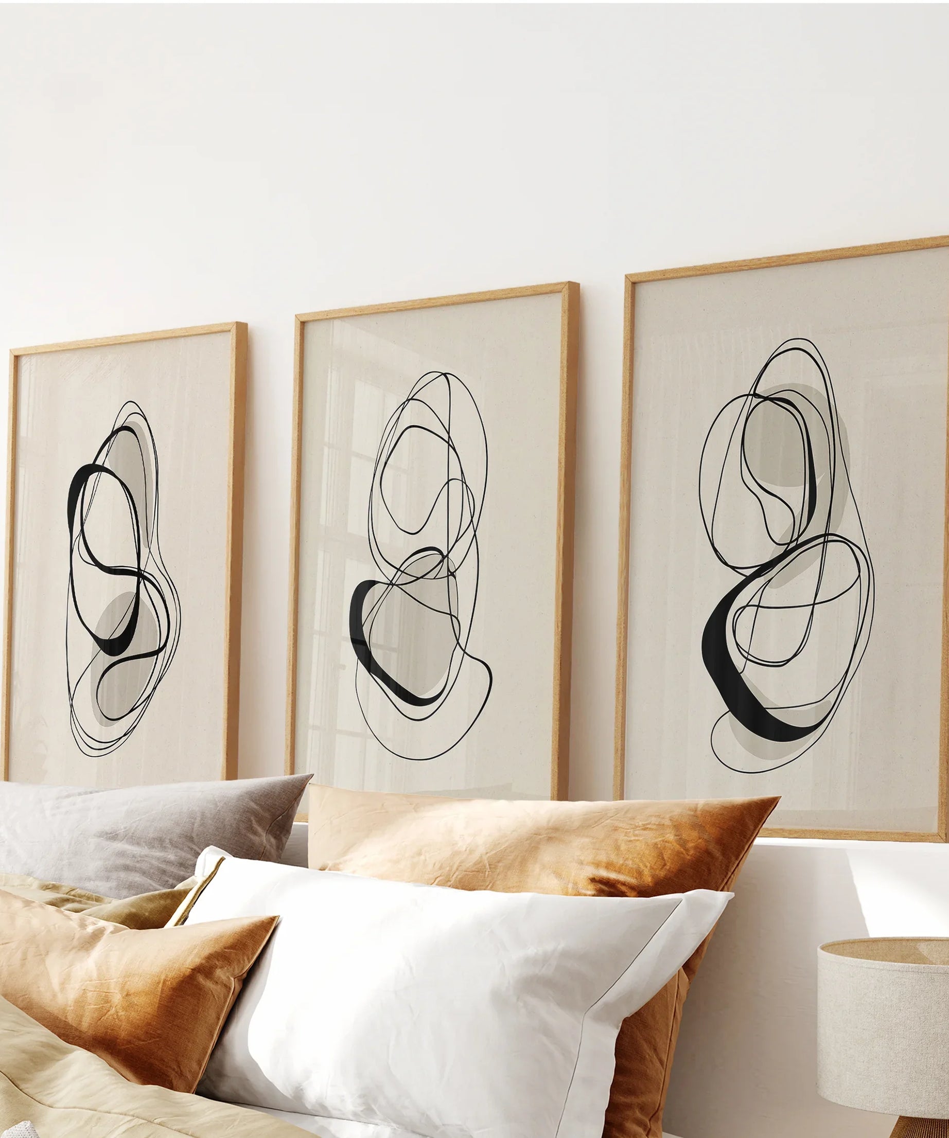 Black and Beige Abstract Set of 3 Wall Art. Minimalist Lines