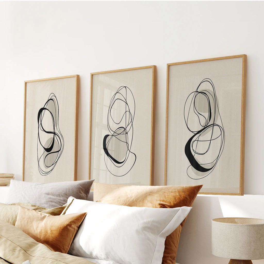 Black and Beige Abstract Set of 3 Wall Art. Minimalist Lines