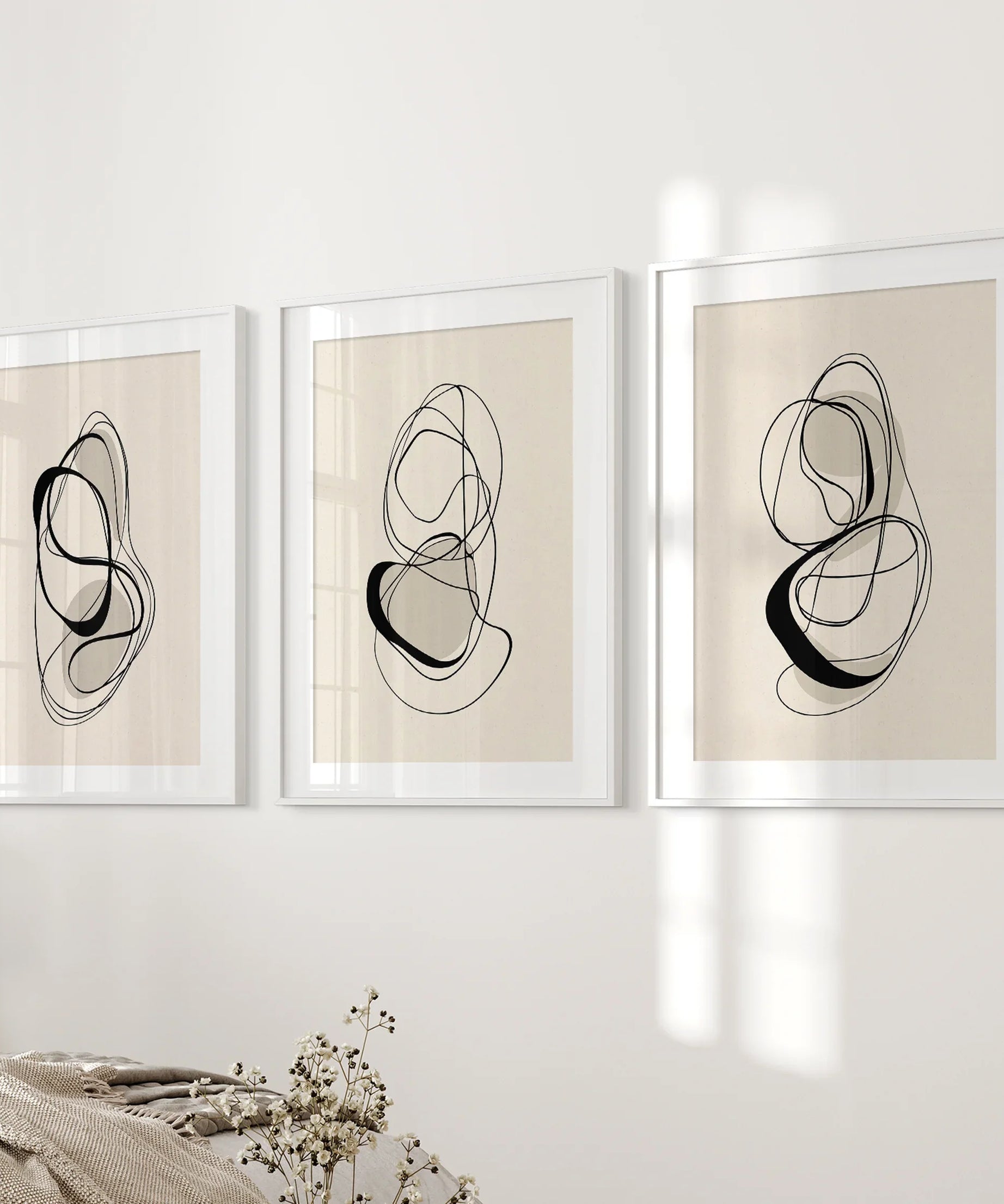 Black and Beige Abstract Set of 3 Wall Art. Minimalist Lines