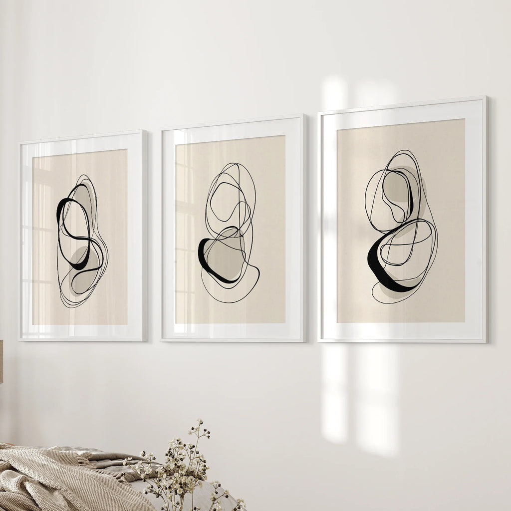 Black and Beige Abstract Set of 3 Wall Art. Minimalist Lines
