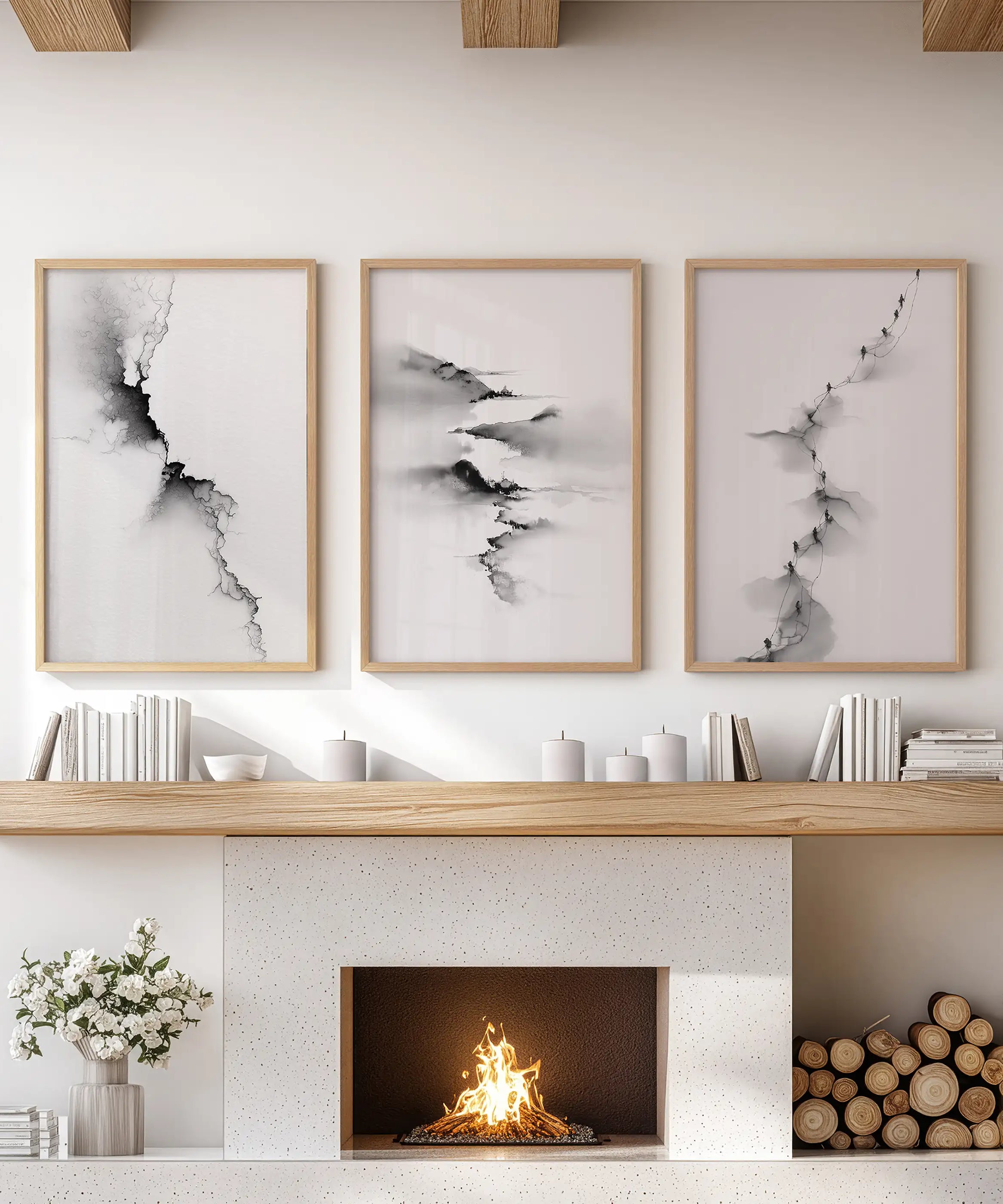 Abstract Mountain 3 Piece Wall Art. Black White Minimalist
