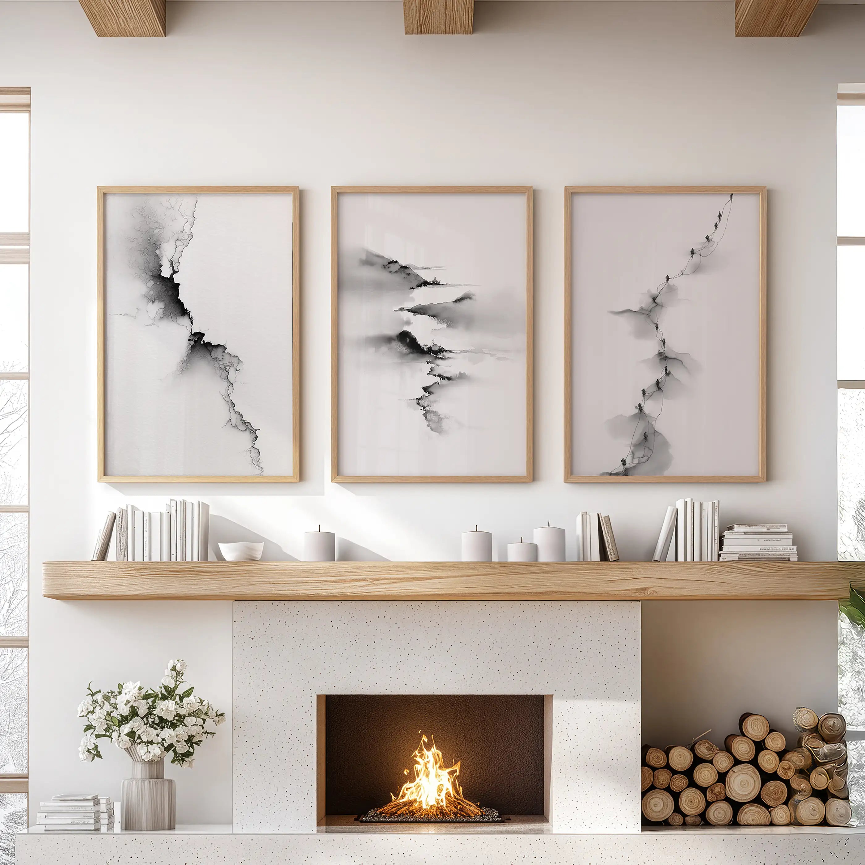 Abstract Mountain 3 Piece Wall Art. Black White Minimalist