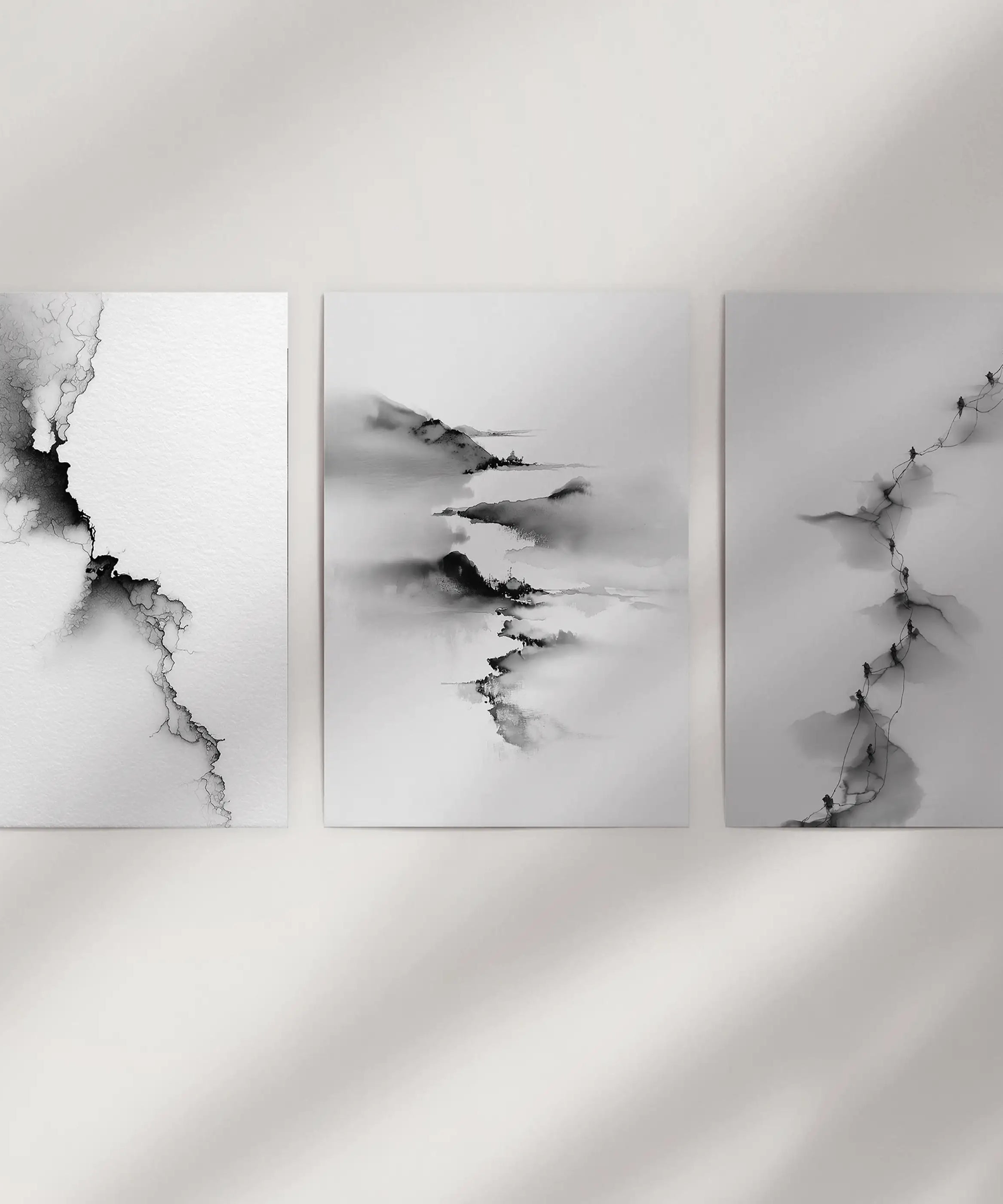 Abstract Mountain 3 Piece Wall Art. Black White Minimalist