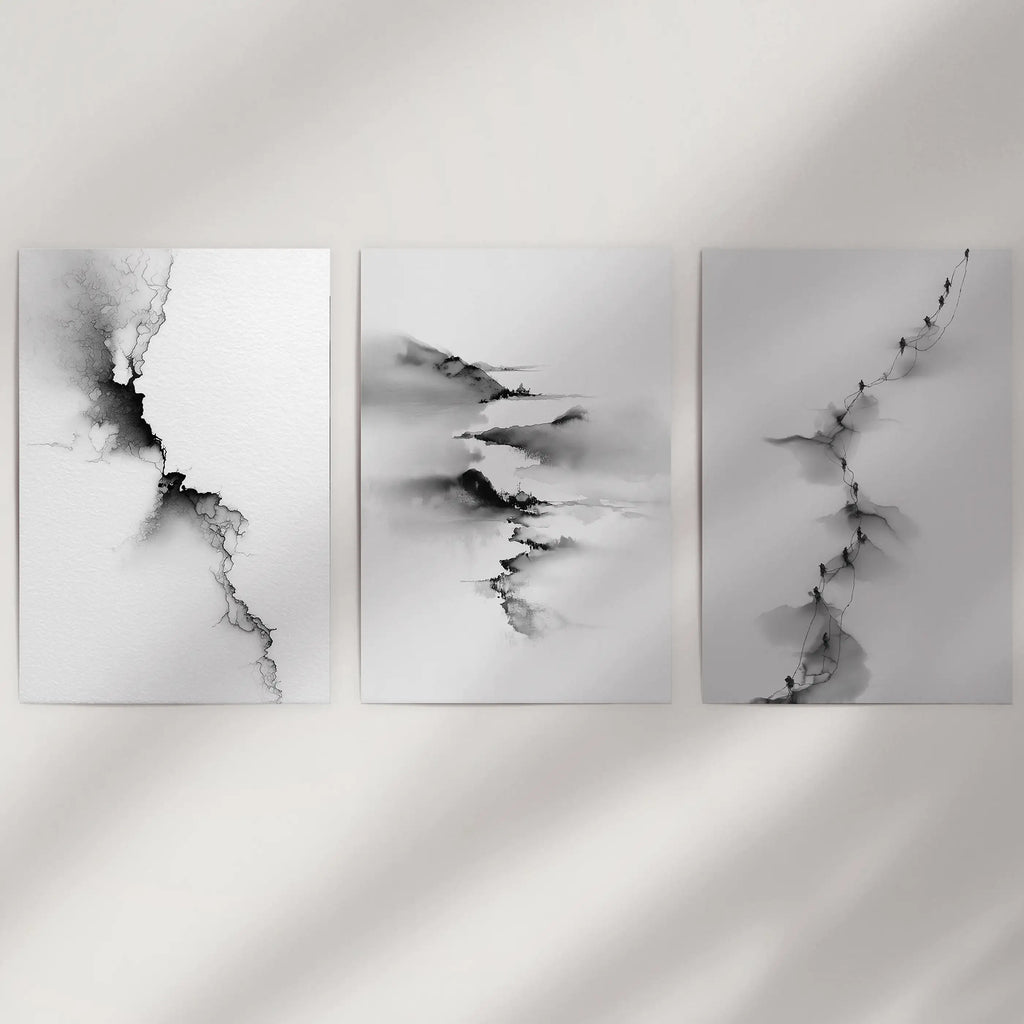 Abstract Mountain 3 Piece Wall Art. Black White Minimalist