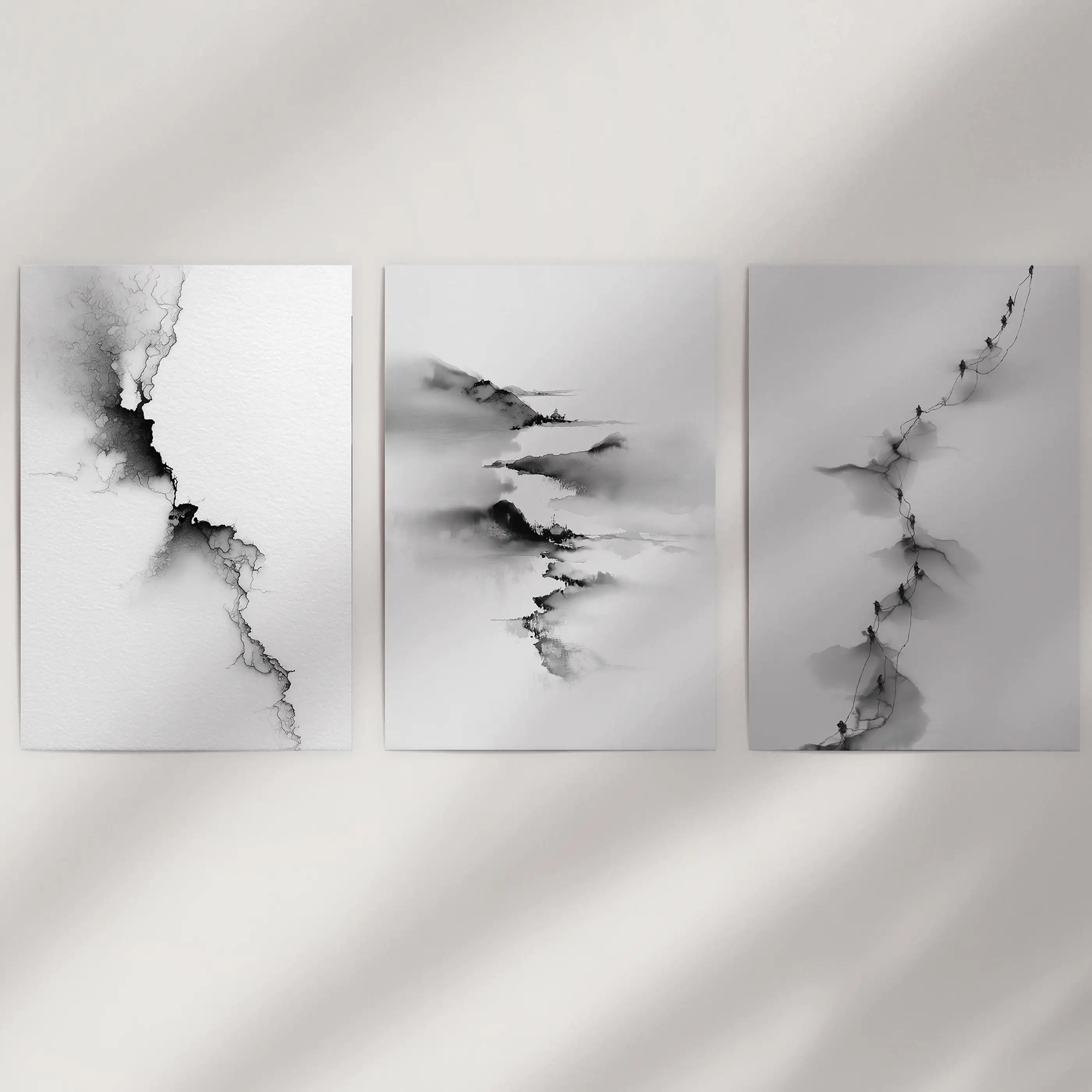 Abstract Mountain 3 Piece Wall Art. Black White Minimalist