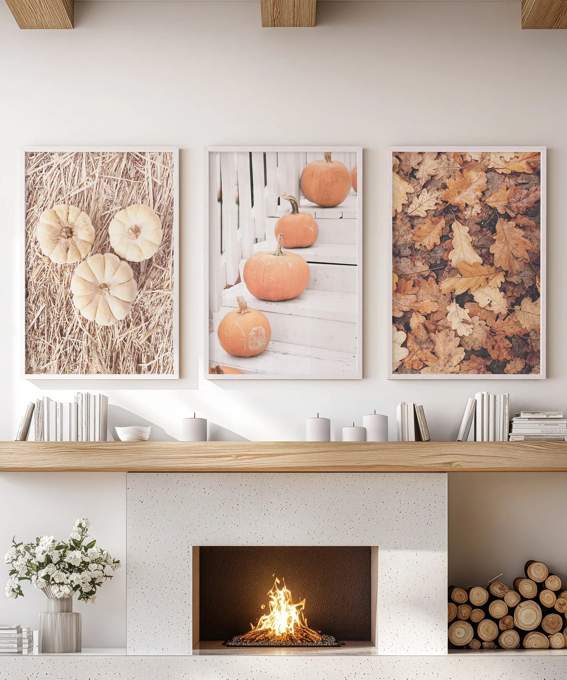 Cozy Fall Wall Art Set of 3. Pumpkins and Autumn Leaves