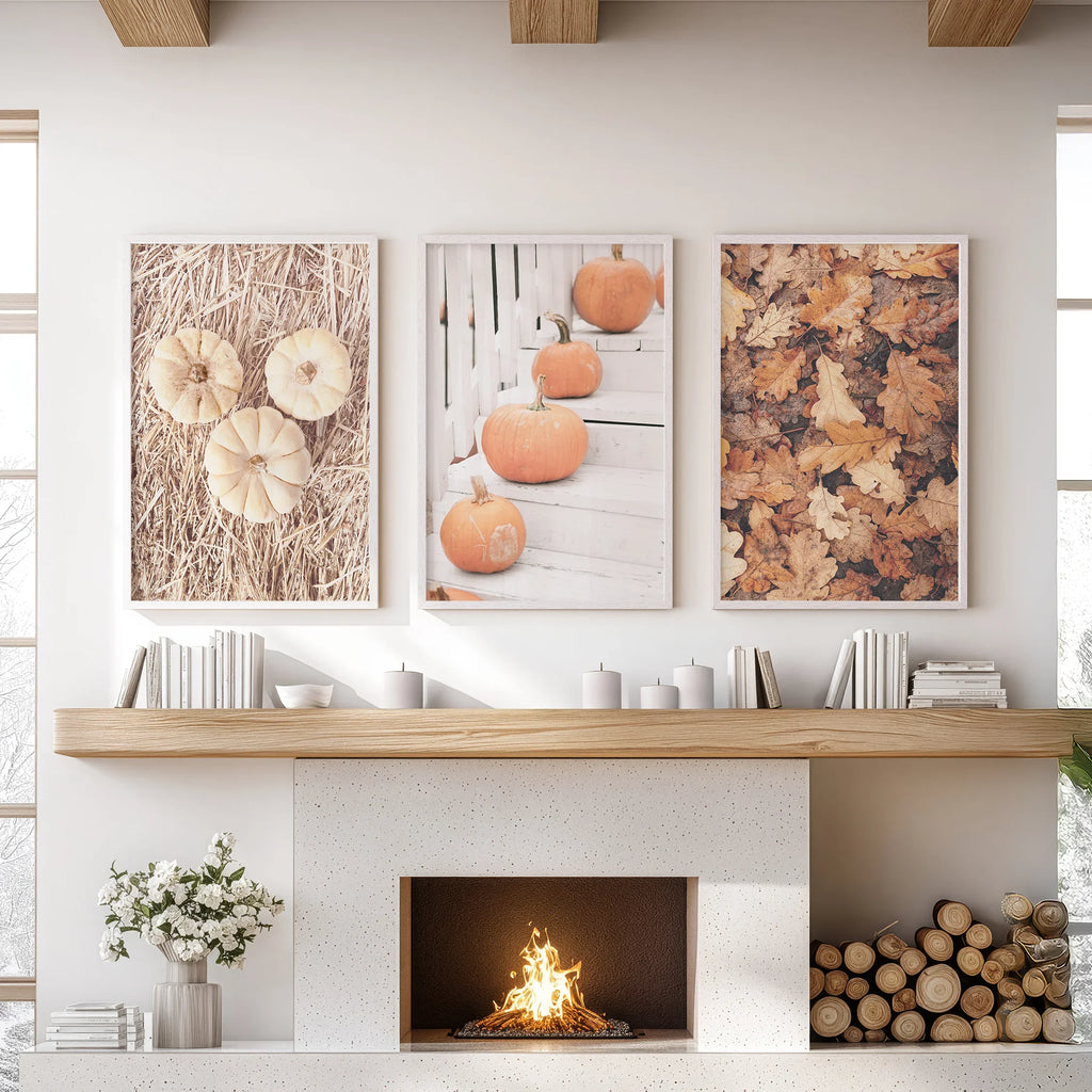Cozy Fall Wall Art Set of 3. Pumpkins and Autumn Leaves