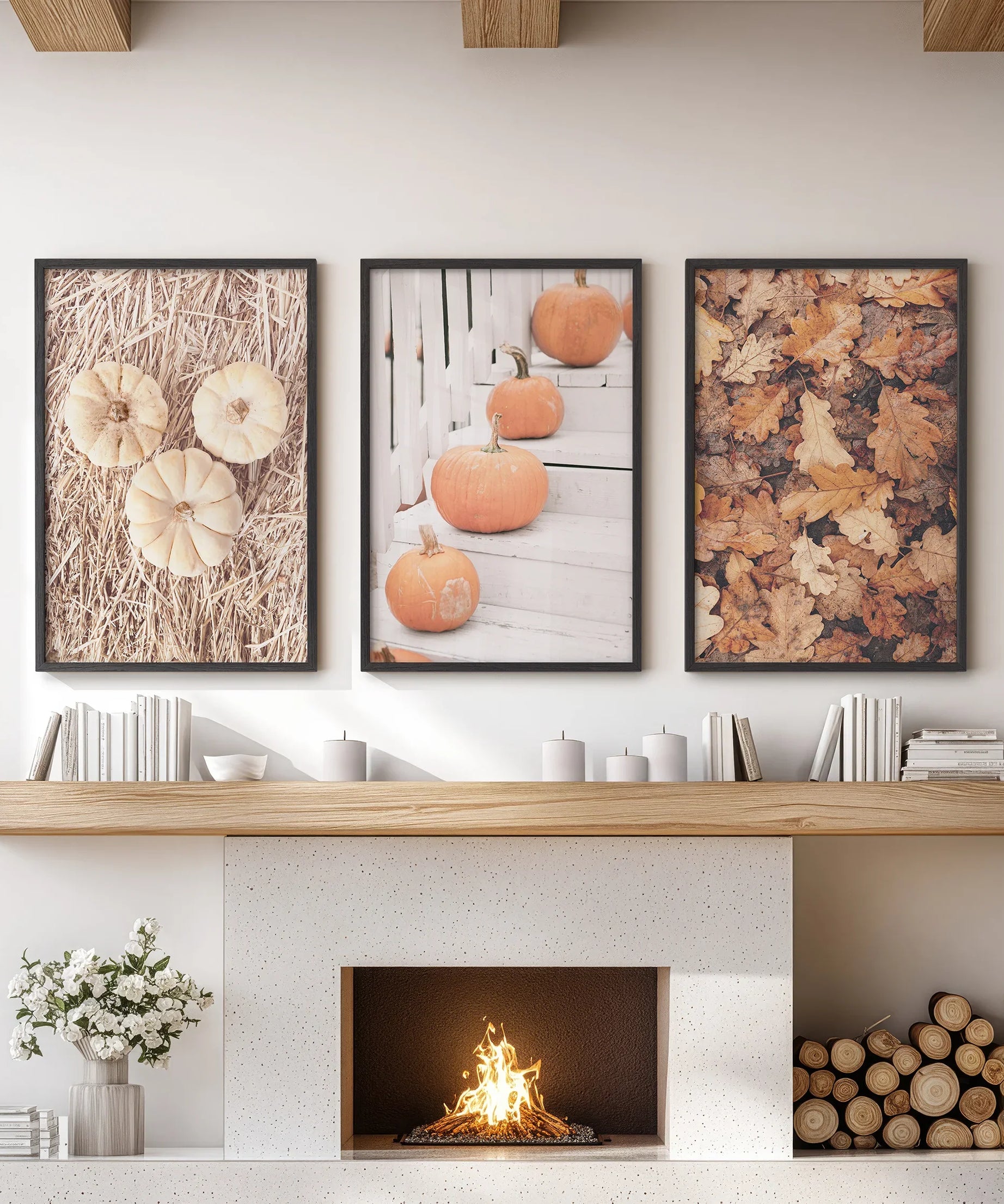 Cozy Fall Wall Art Set of 3. Pumpkins and Autumn Leaves