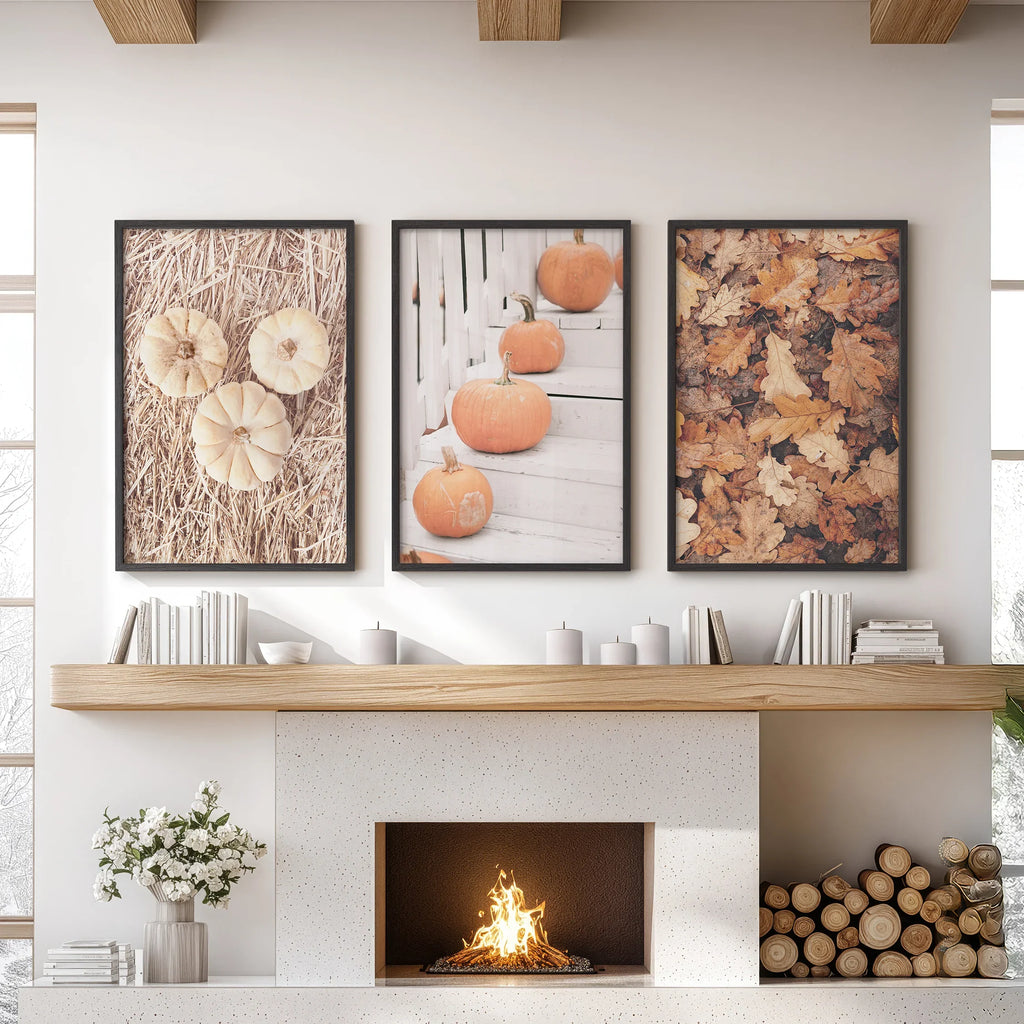 Cozy Fall Wall Art Set of 3. Pumpkins and Autumn Leaves