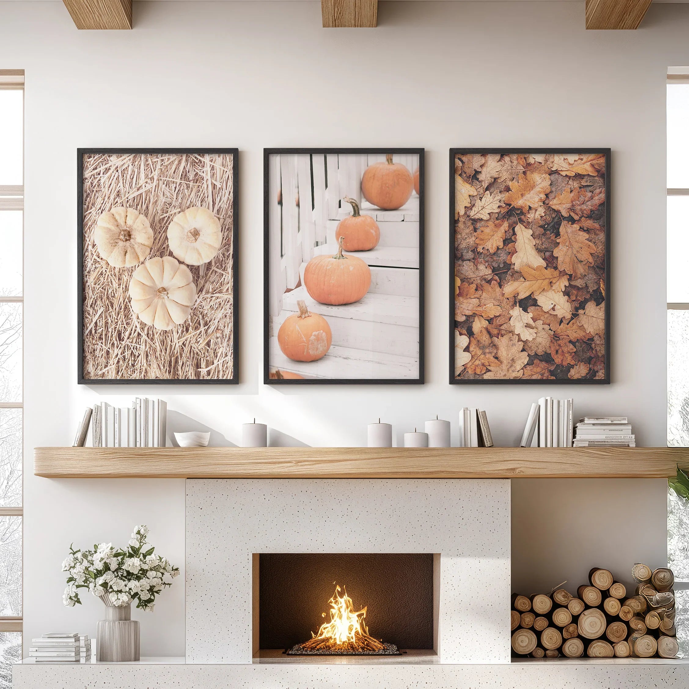 Cozy Fall Wall Art Set of 3. Pumpkins and Autumn Leaves