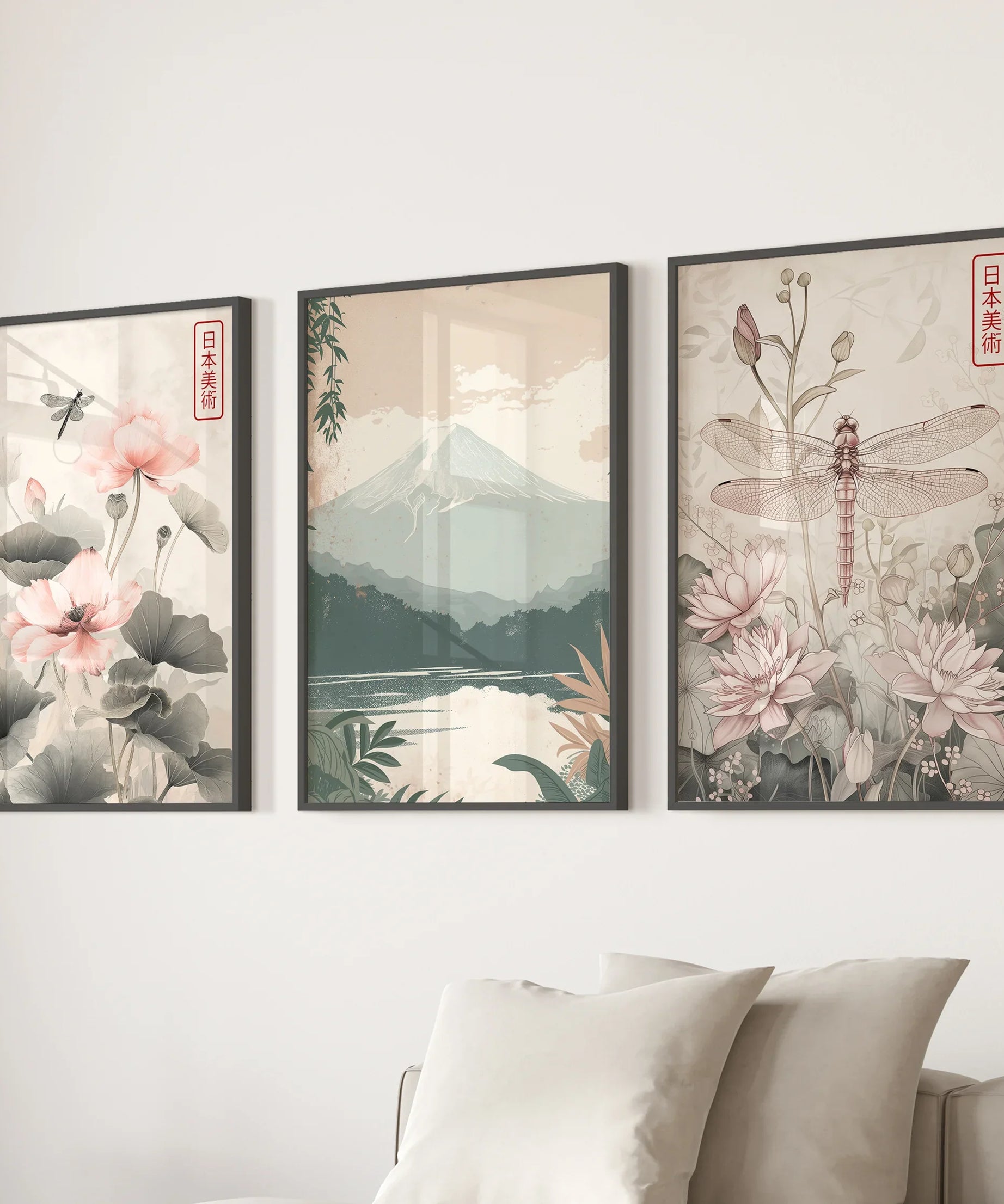 Japandi Style Set of 3 Wall Art. Floral and Mountain Prints