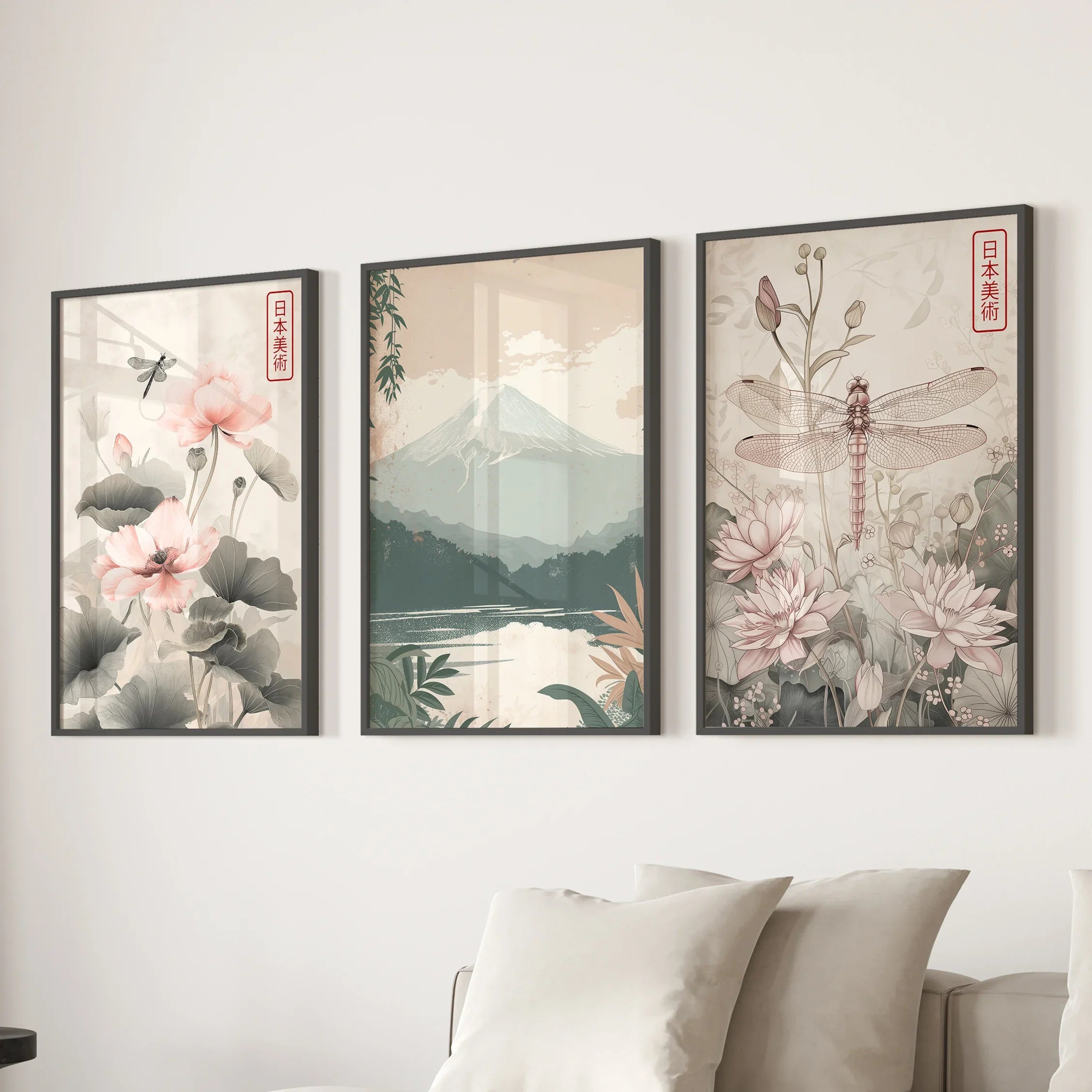 Japandi Style Set of 3 Wall Art. Floral and Mountain Prints