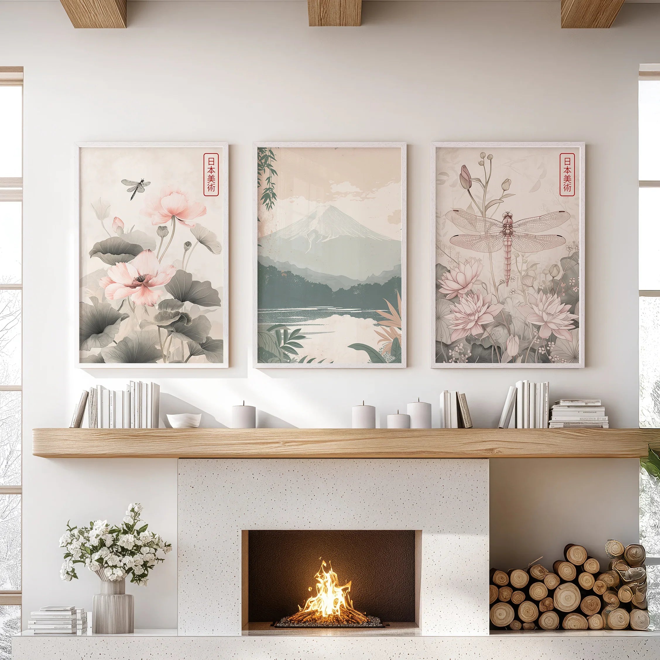 Japandi Style Set of 3 Wall Art. Floral and Mountain Prints