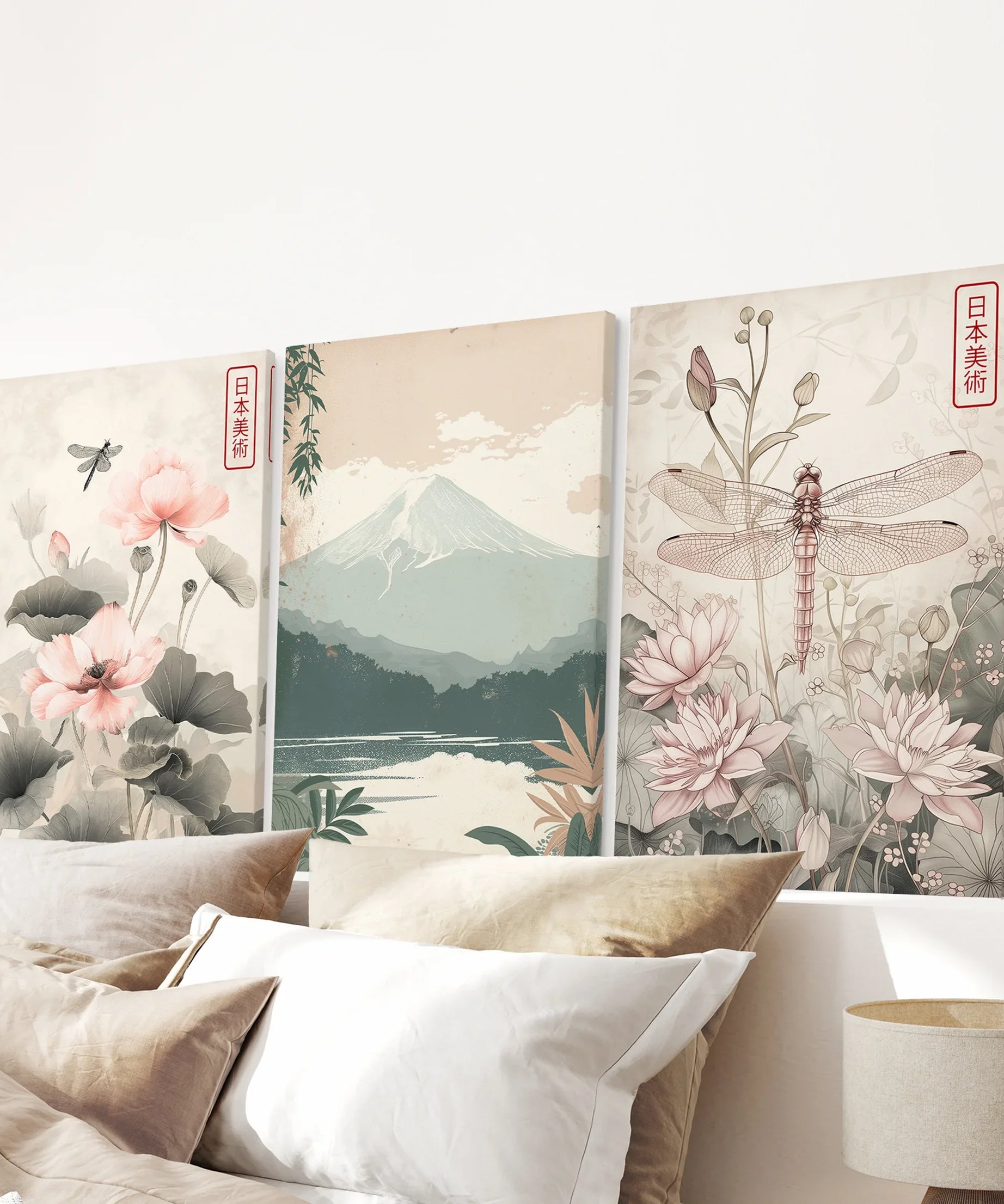 Japandi Style Set of 3 Wall Art. Floral and Mountain Prints