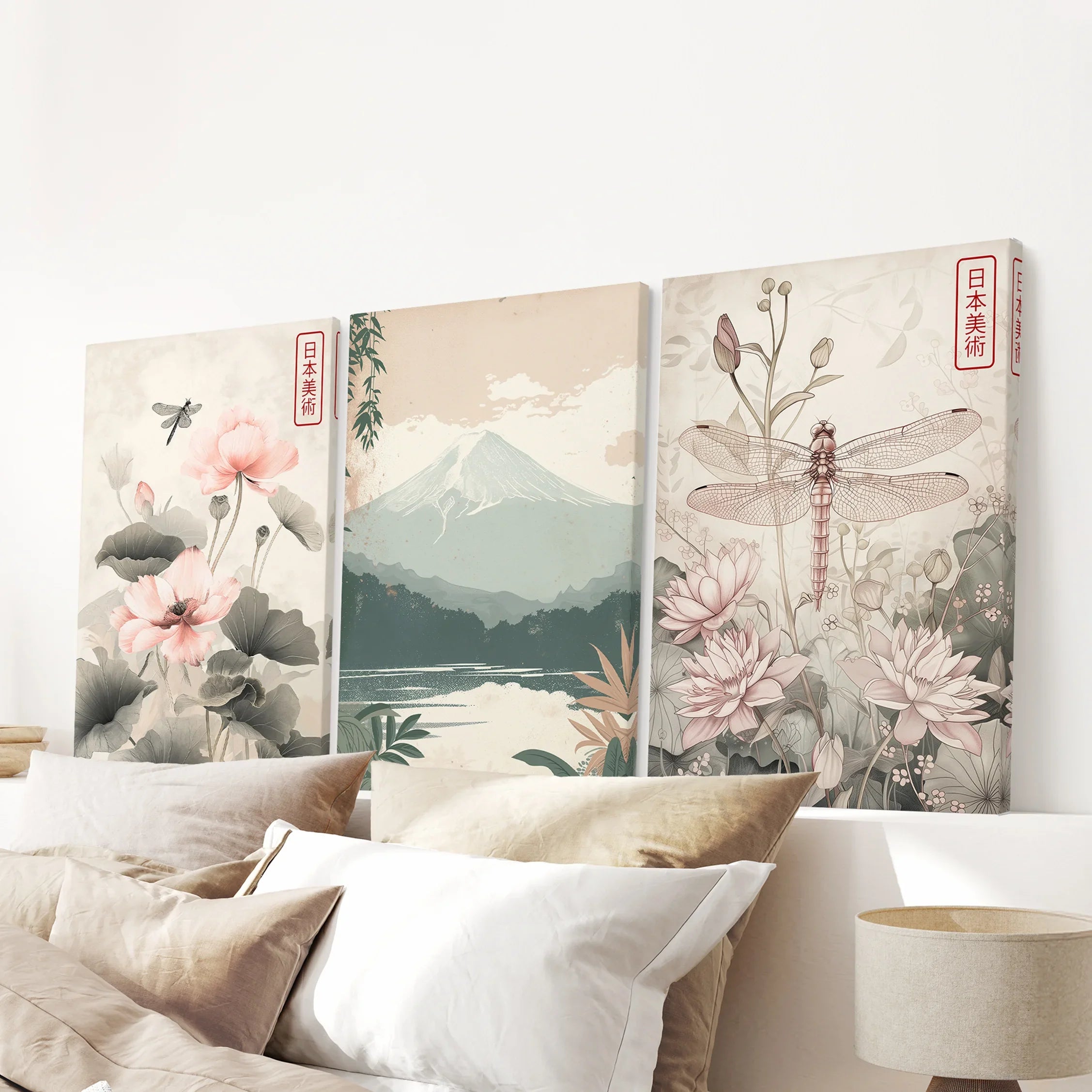 Japandi Style Set of 3 Wall Art. Floral and Mountain Prints