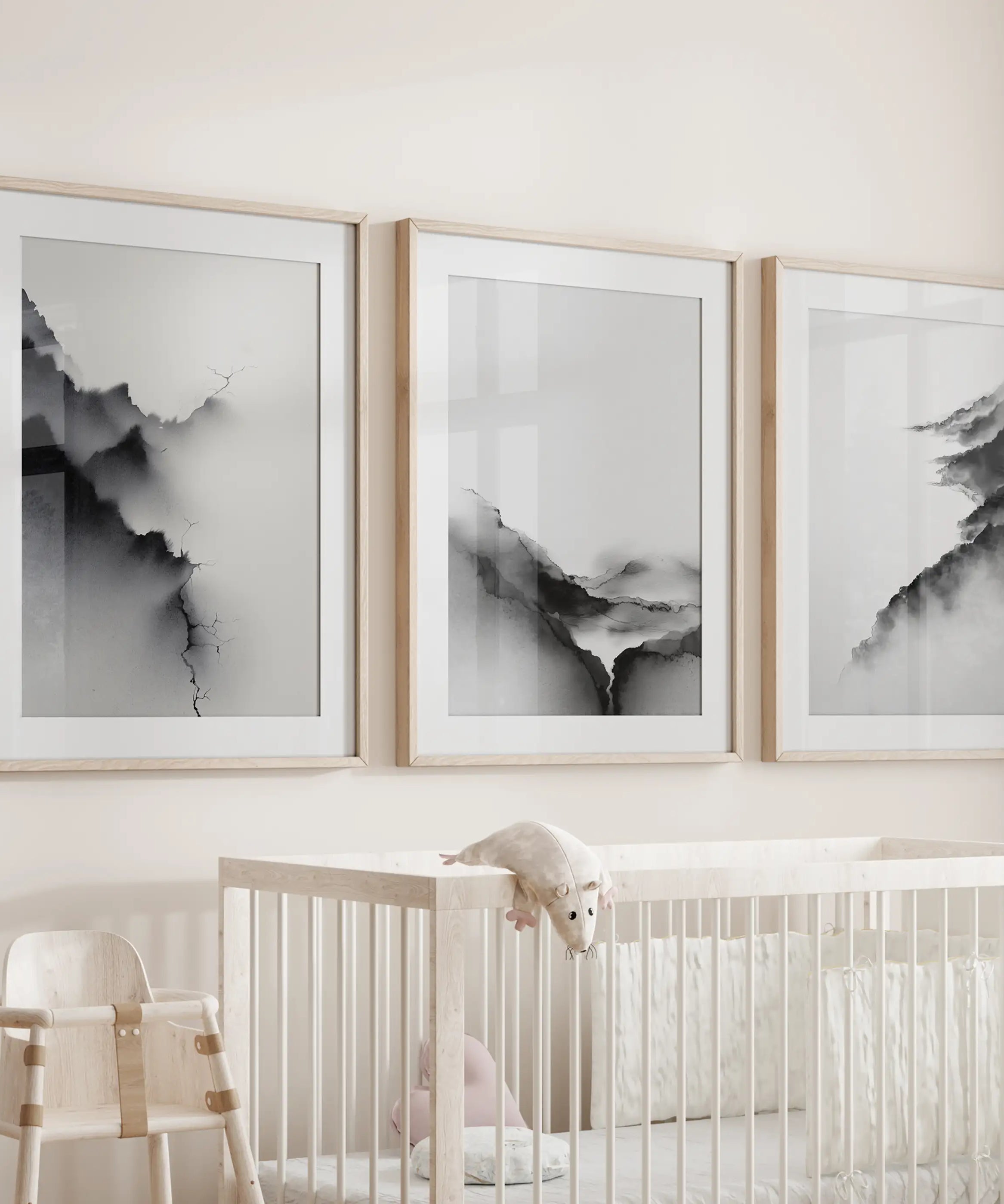 Black White Mountain Landscape Art Set of 3. Calming Nature