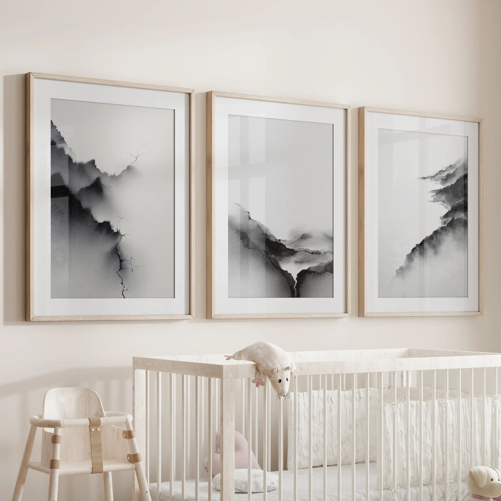 Black White Mountain Landscape Art Set of 3. Calming Nature