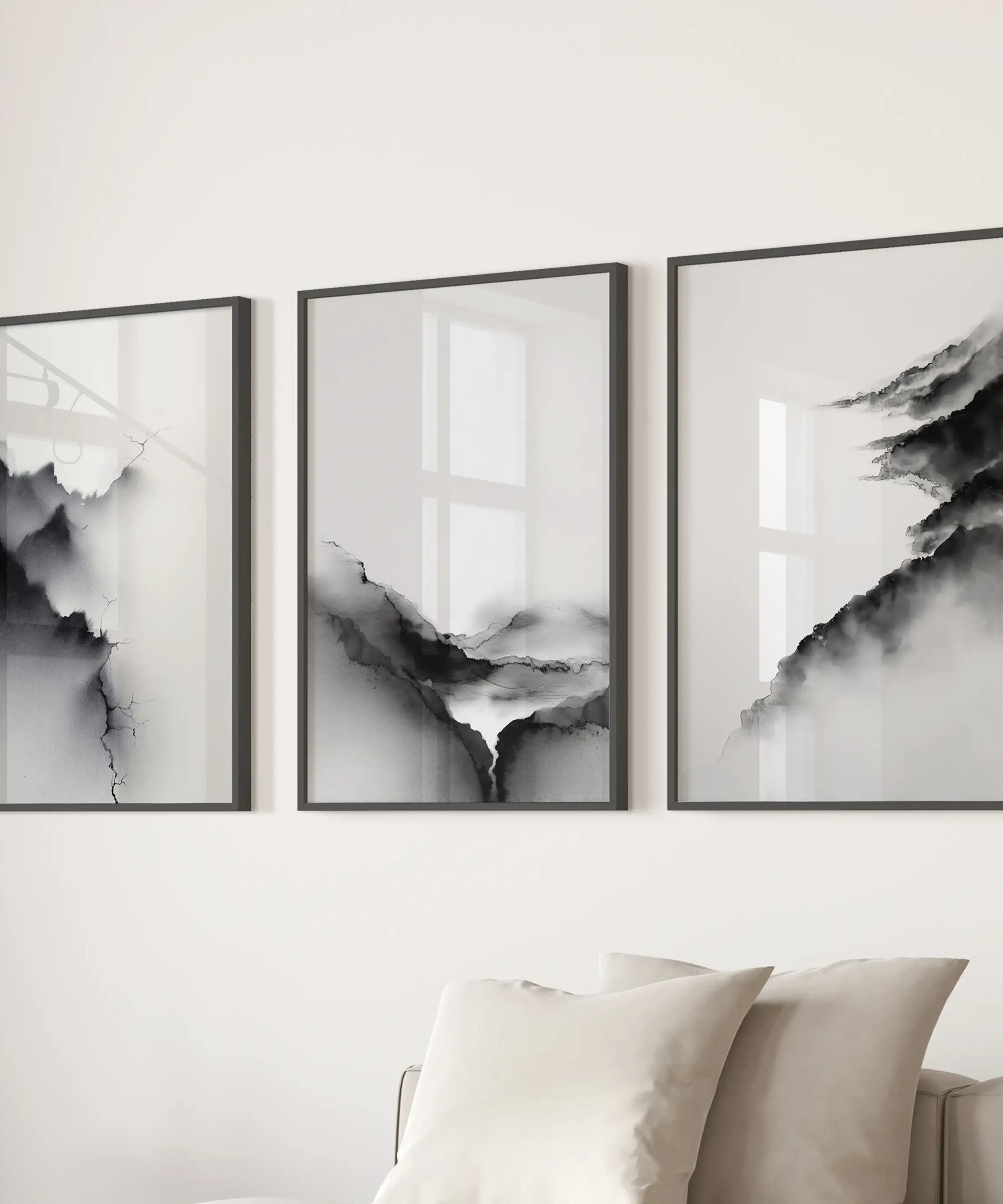 Black White Mountain Landscape Art Set of 3. Calming Nature