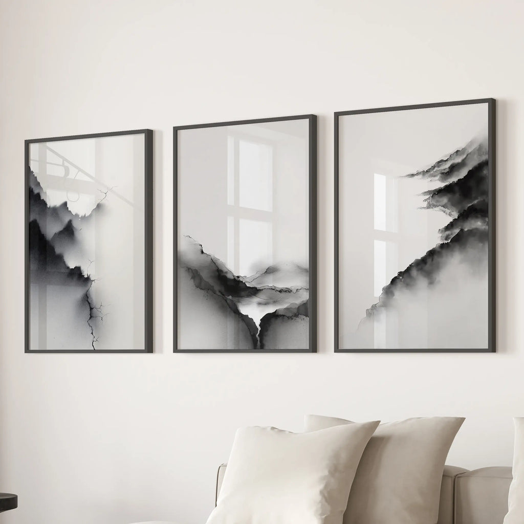 Black White Mountain Landscape Art Set of 3. Calming Nature