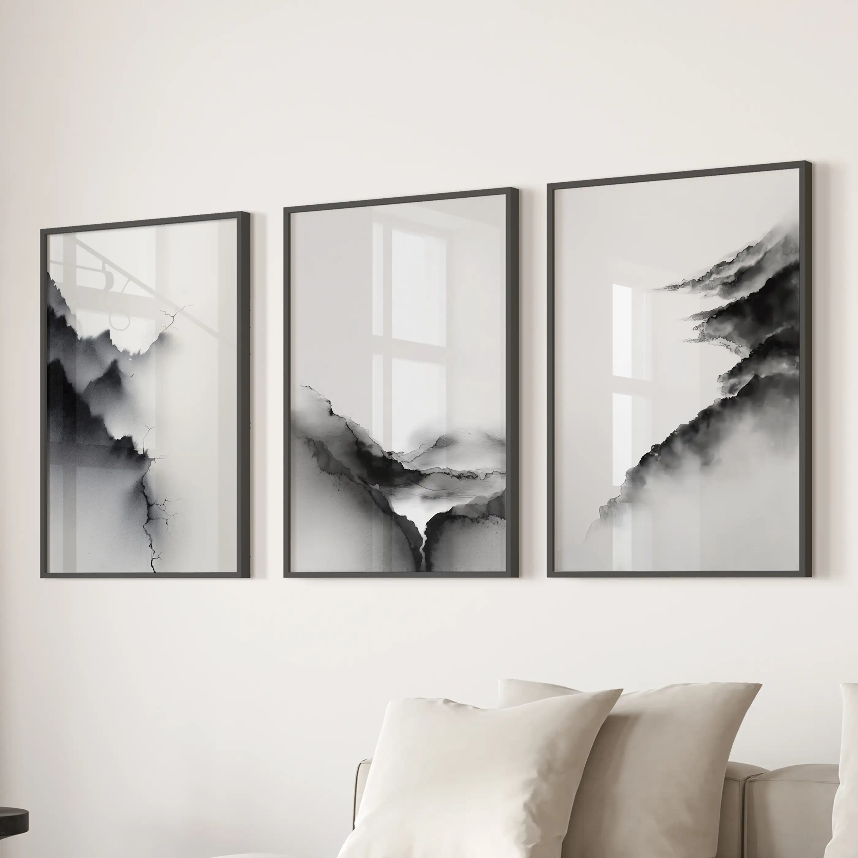 Black White Mountain Landscape Art Set of 3. Calming Nature
