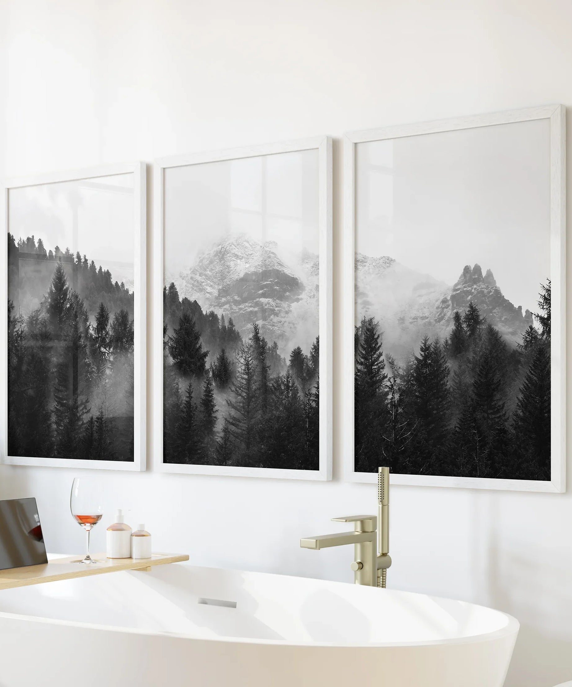Black White Forest Triptych. Misty Mountains Nature Posters