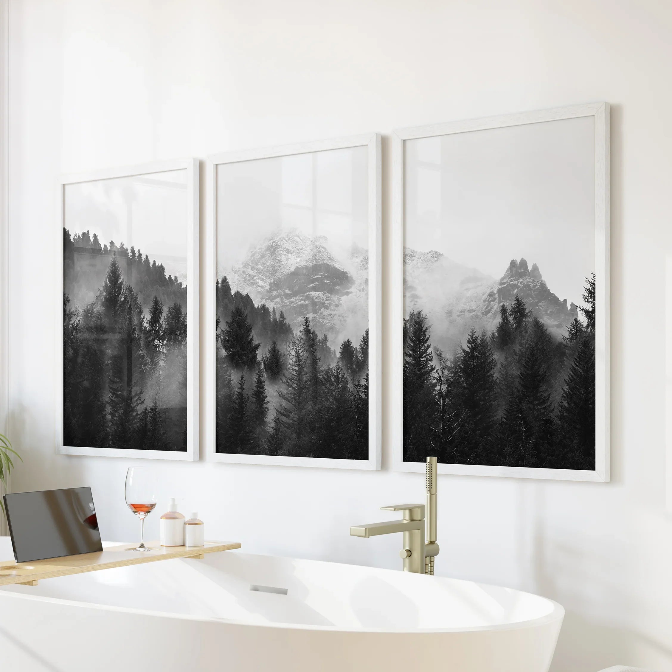 Black White Forest Triptych. Misty Mountains Nature Posters